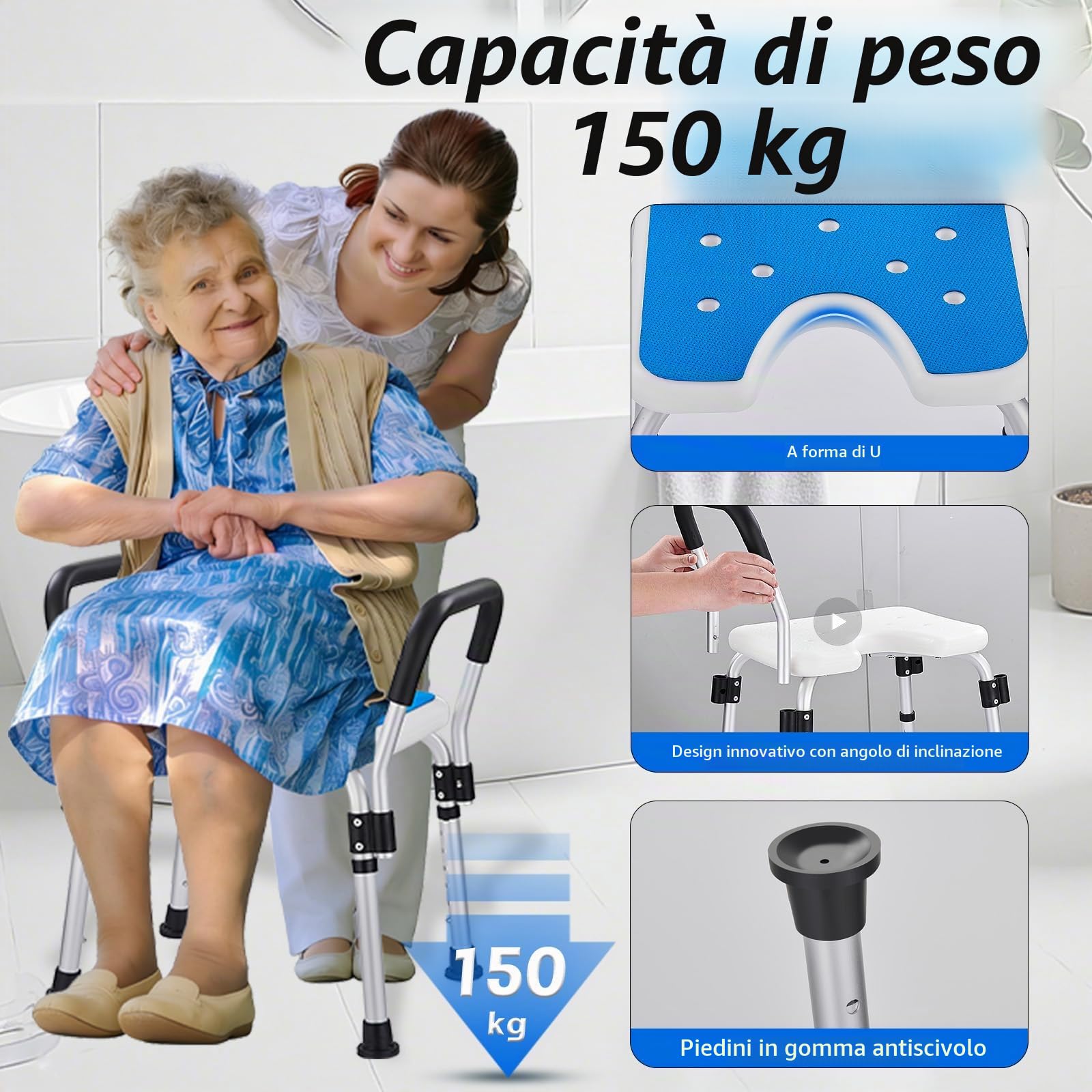 Sedia da Doccia con Seduta a U e Braccioli, Sgabello Doccia | Regolabile in Altezza, Cuscino EVA Antiscivolo, Portata fino a 150 kg, per Anziani,Donne in Gravidanza e Convalescenza
