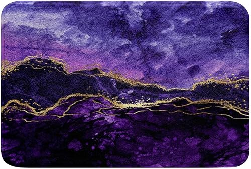 Alfombra de baño de mármol morado, alfombra de baño abstracta dorada y púrpura, alfombra de arte fluida de tinta iridiscente, alfombra de arte