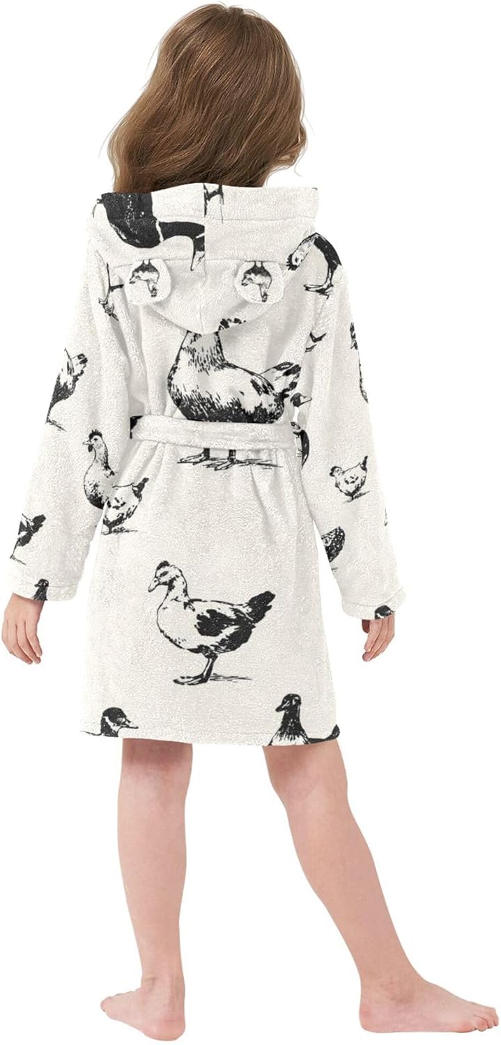 Chicken Rooster Ink Cartoon Bathrobe Hooded PJ Robe Soft Fleece Robe Pajama Sleepwears 2-12 Years