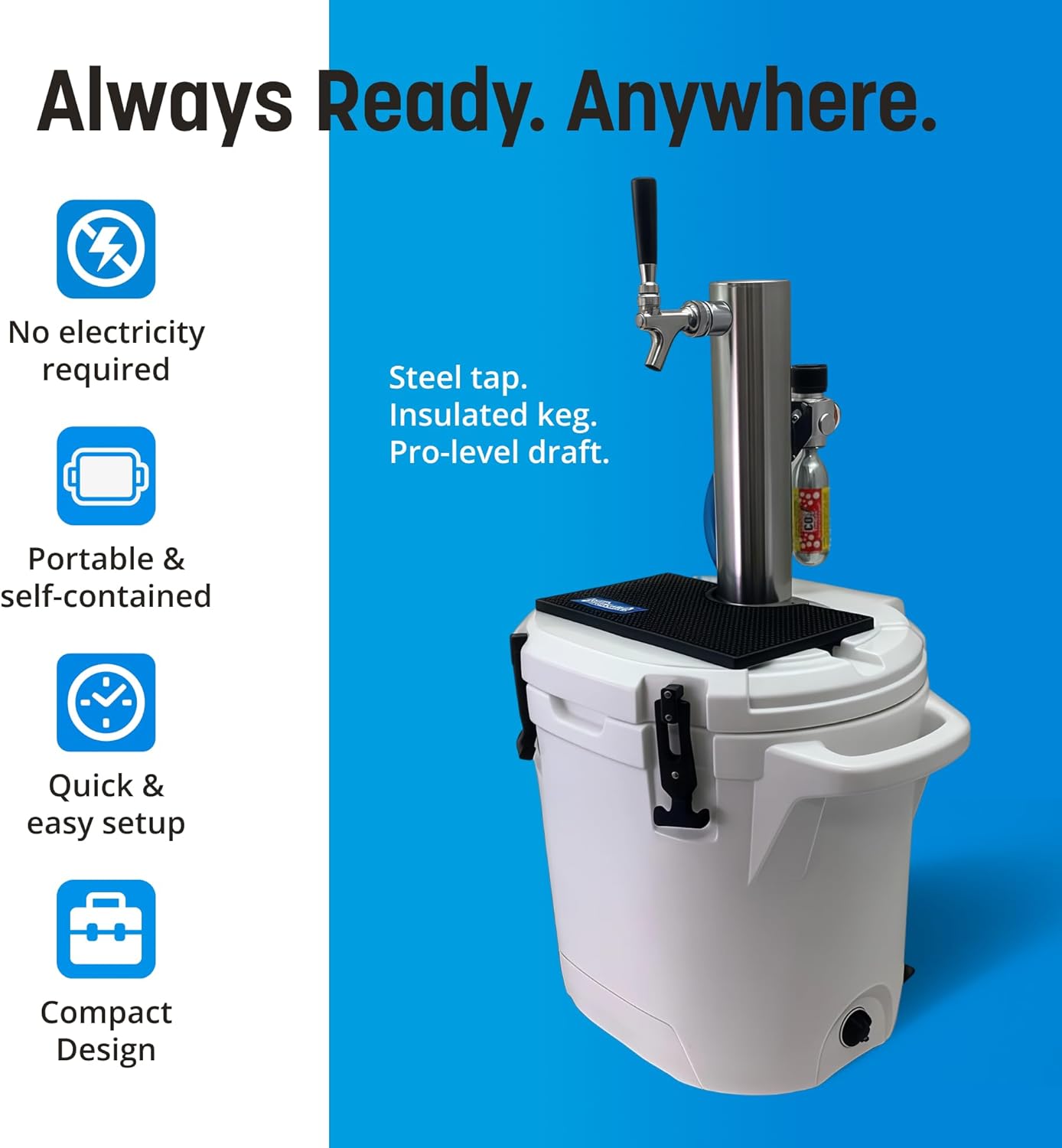 Coldbreak ColdOne Non-Electric Portable Kegerator, 2 Gallon Refillable Keg for Craft Beverages, CO2 Regulator with Stainless Steel Parts, Easy to Fill and Clean, Cold for 5 Days, Made in USA