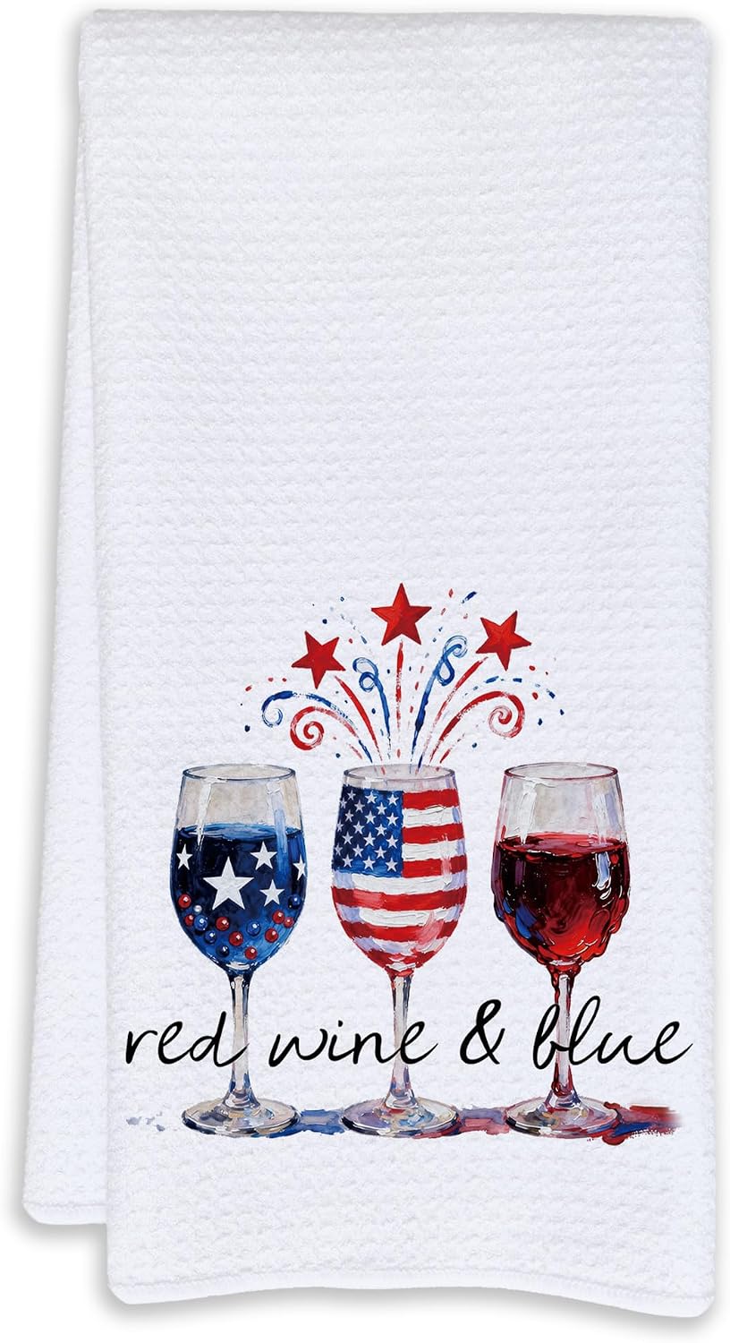 Patriotic Wine Kitchen Towels, Wine Lover Gifts, 4th of July American Flag Wineglass Decorative Hand Tea Dish Towels for Kitchen Bar Cart Decor, 16x24 Inch
