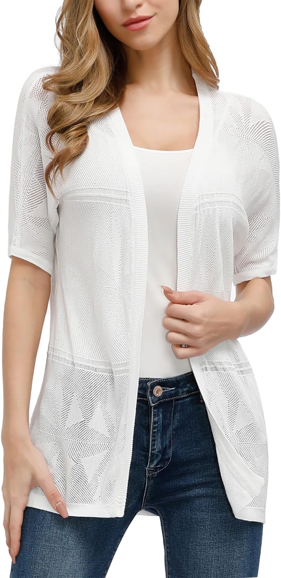 CURLBIUTY Cardigan Sweaters for Women Short Sleeve Hollow Out Lightweight Cardigan White S