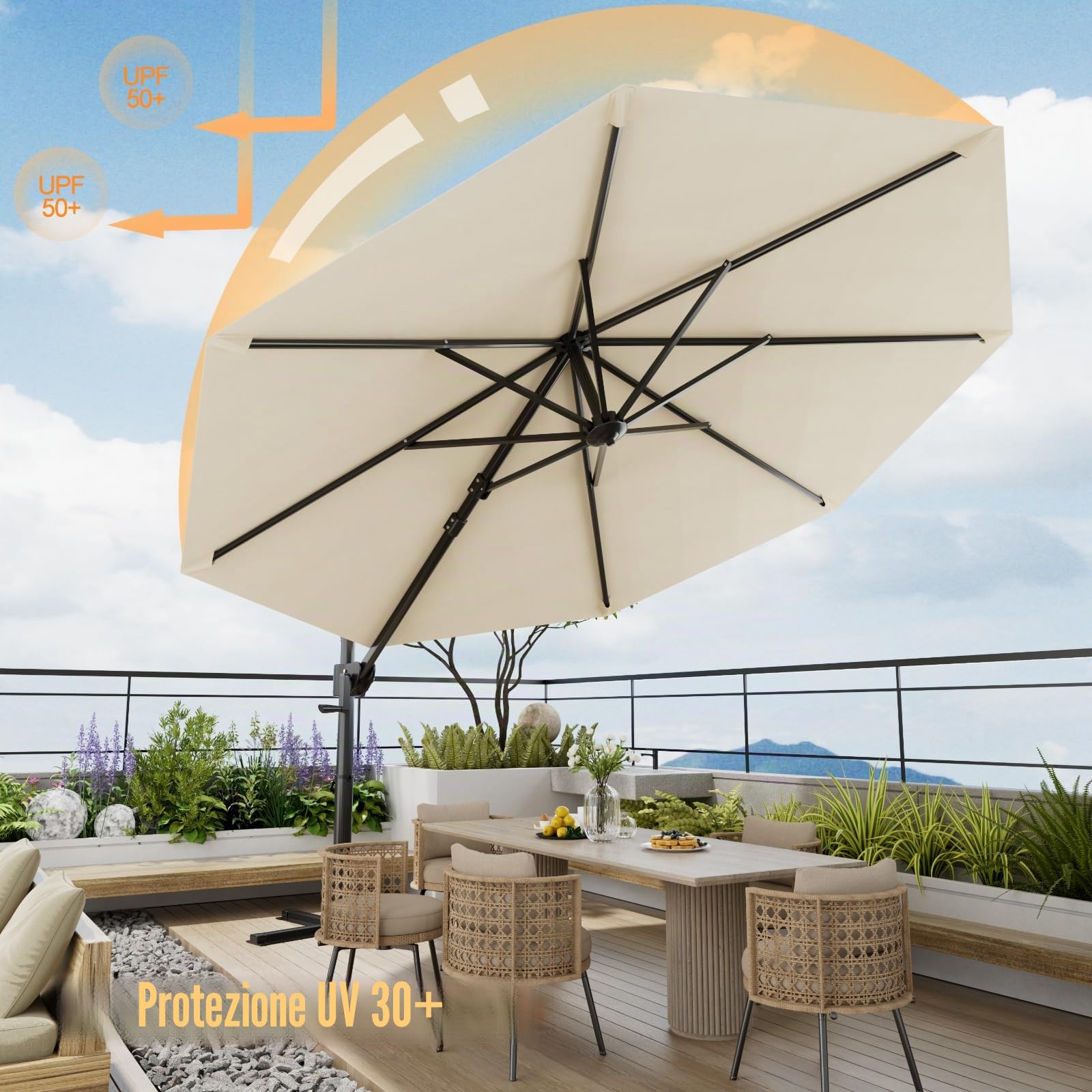 Devoko Ombrellone da Giardino Grande 330 cm, Ombrellone da Spiaggia e Giardino con Struttura Rinforzata, Manovella a 360°, Copertura Antivento 7x, Protezione UV 30+
