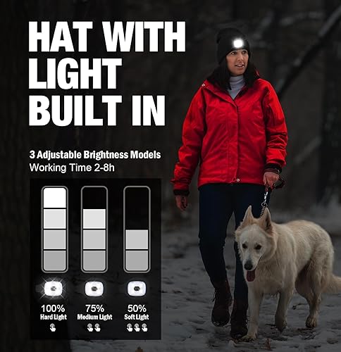 Miniatura 2 de MELASA Juego de gorro LED con guantes de invierno ligeros para hombres y mujeres, sombreros de punto recargables por USB, guantes cálidos con forro