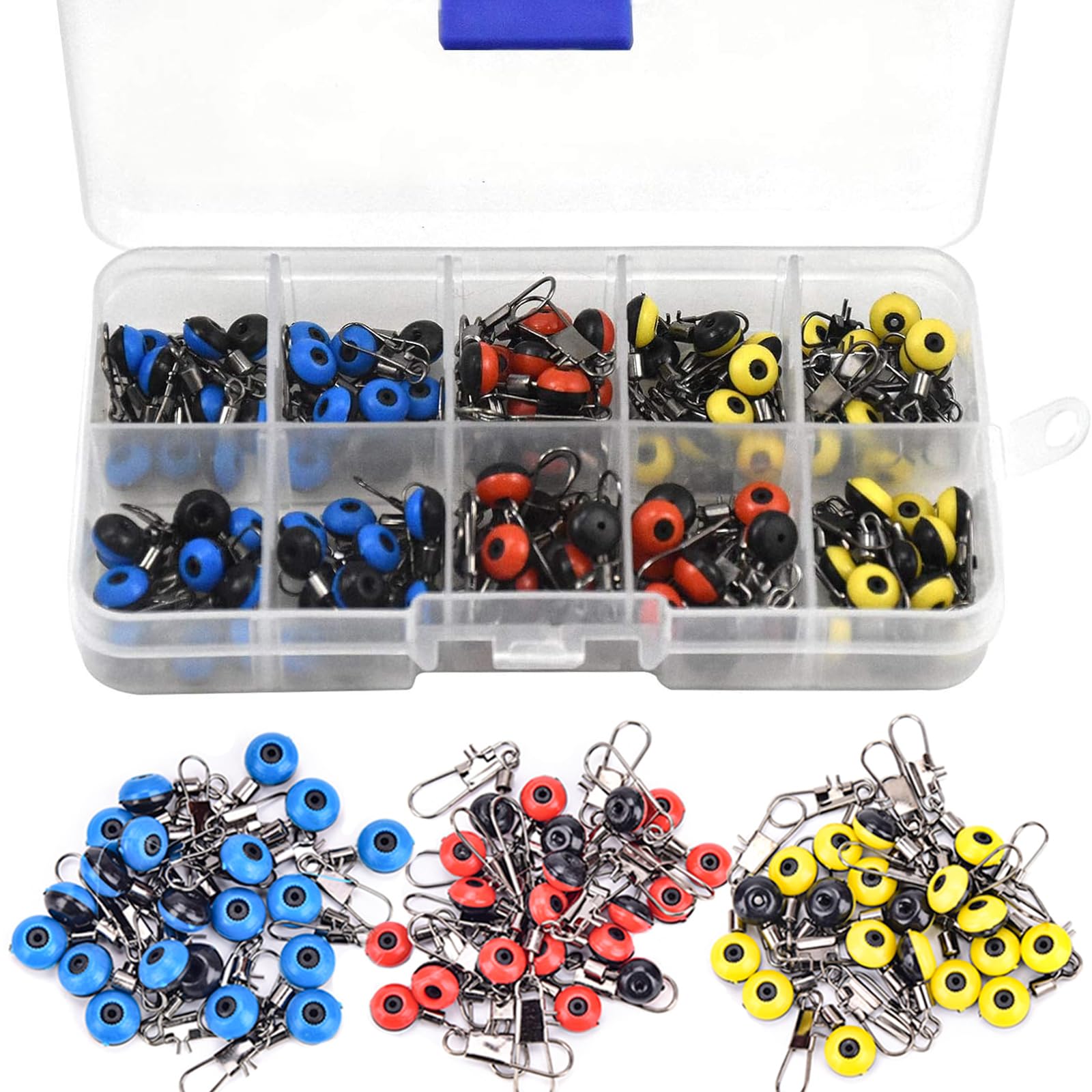 CRLLDPM Lot De 60 Émerillons Et Agrafes De Pêche – Acier Inoxydable – 3 Tailles (30/32/35 Mm) – 3 Couleurs (Rouge, Jaune, Bleu) – Pour Montages Rapides