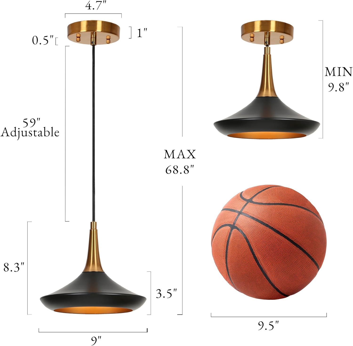 KSANA 9'' Pendant Lights Kitchen Island, 1-Light Black and Gold Brass Kitchen Pendant Lighting Over Island, 9 Inch Modern Metal Pendant Light Fixtures