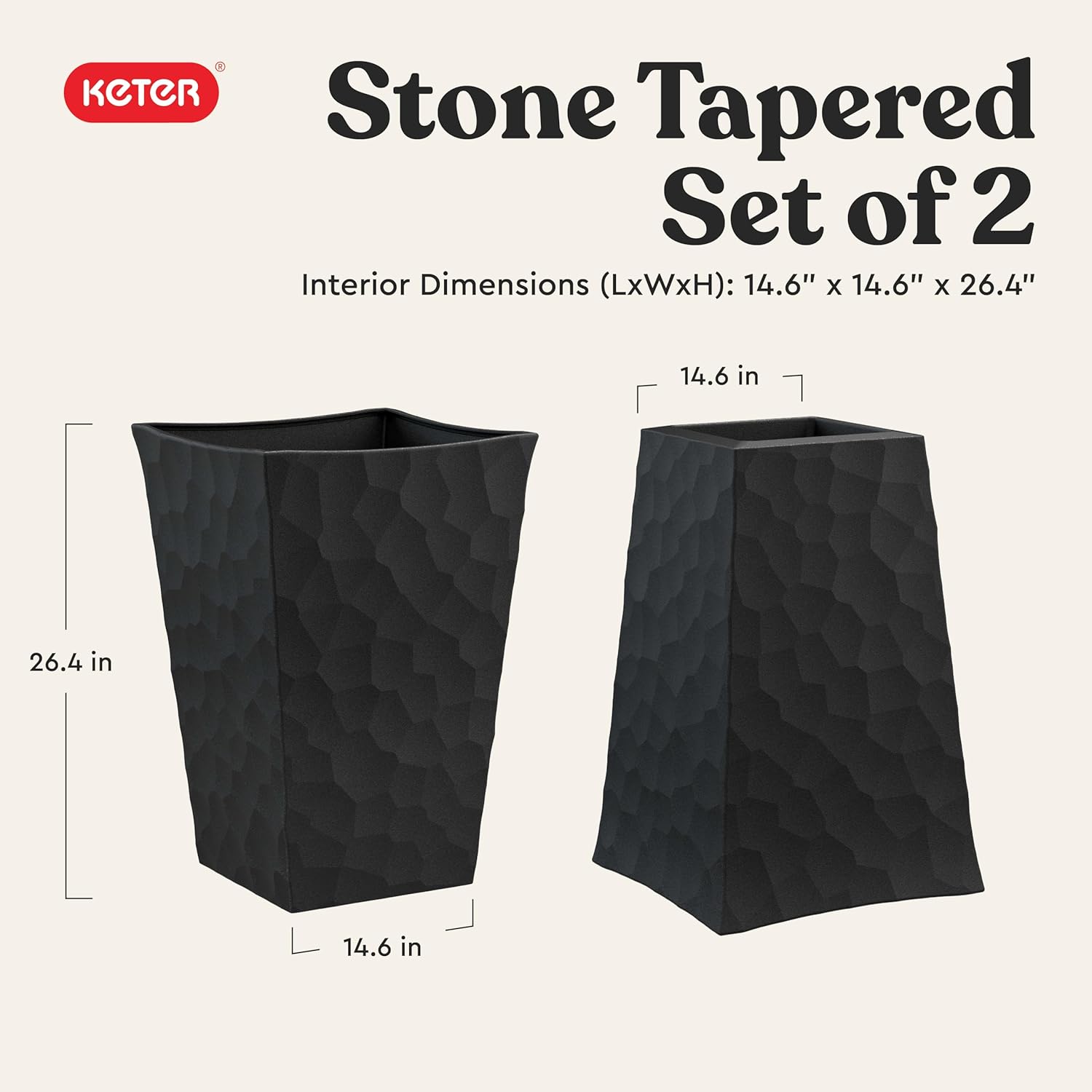Keter Stone Tapered Planter Set of 2, Tall 26.4‑Inch Resin Outdoor Flower Pots with Stone‑Look Finish and 12.2‑Gallon Capacity, Graphite