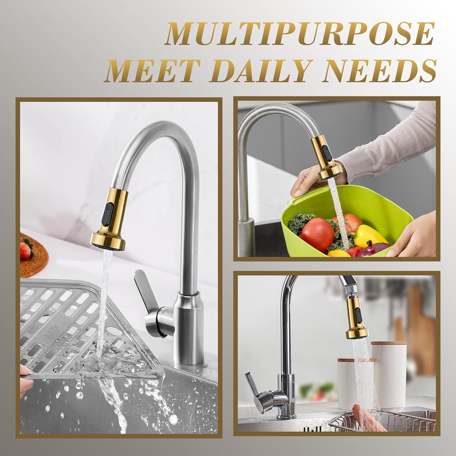 Kitchen Faucet Head Replacement, Pull Down Spray Head with 2 Spray Modes, High Pressure Faucet Sprayer, Universal Sink Spray Head Replacement (Brushed Gold)