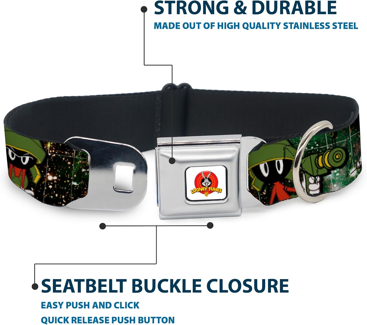 Dog Collar Seatbelt Buckle Marvin The Martian 4 Poses Galaxy 15 to 26 Inches 1.0 Inch Wide