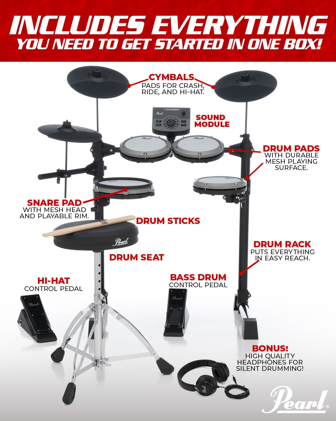 Pearl ERS1000 eRoadshow Set completo batteria elettronica con cuscinetti in rete silenziosi