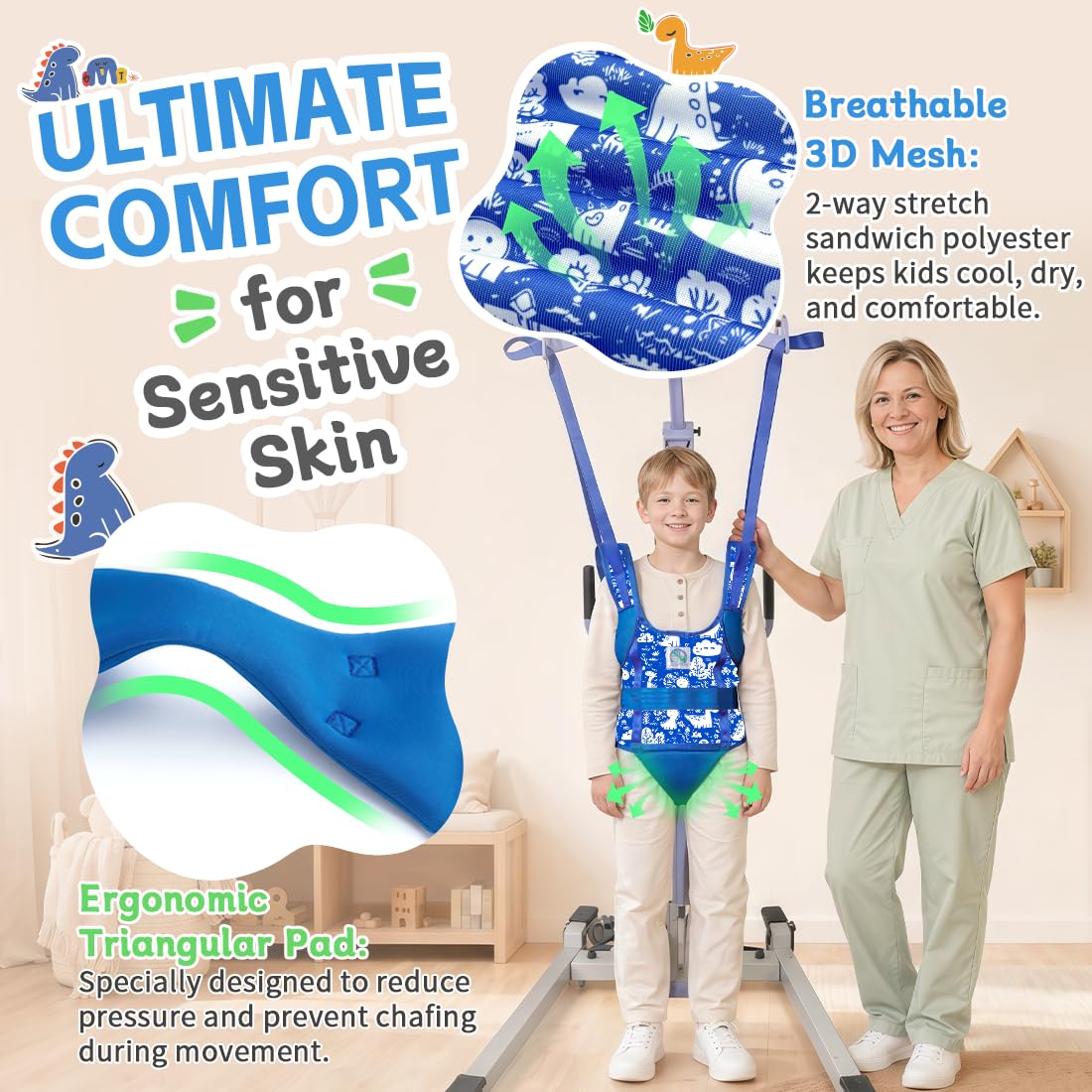 Écharpe de levage pédiatrique avec jambes divisées pour enfants, support de déplacement et de manipulation pour toilettes et soins quotidiens (dinosaure de dessin animé, 12)