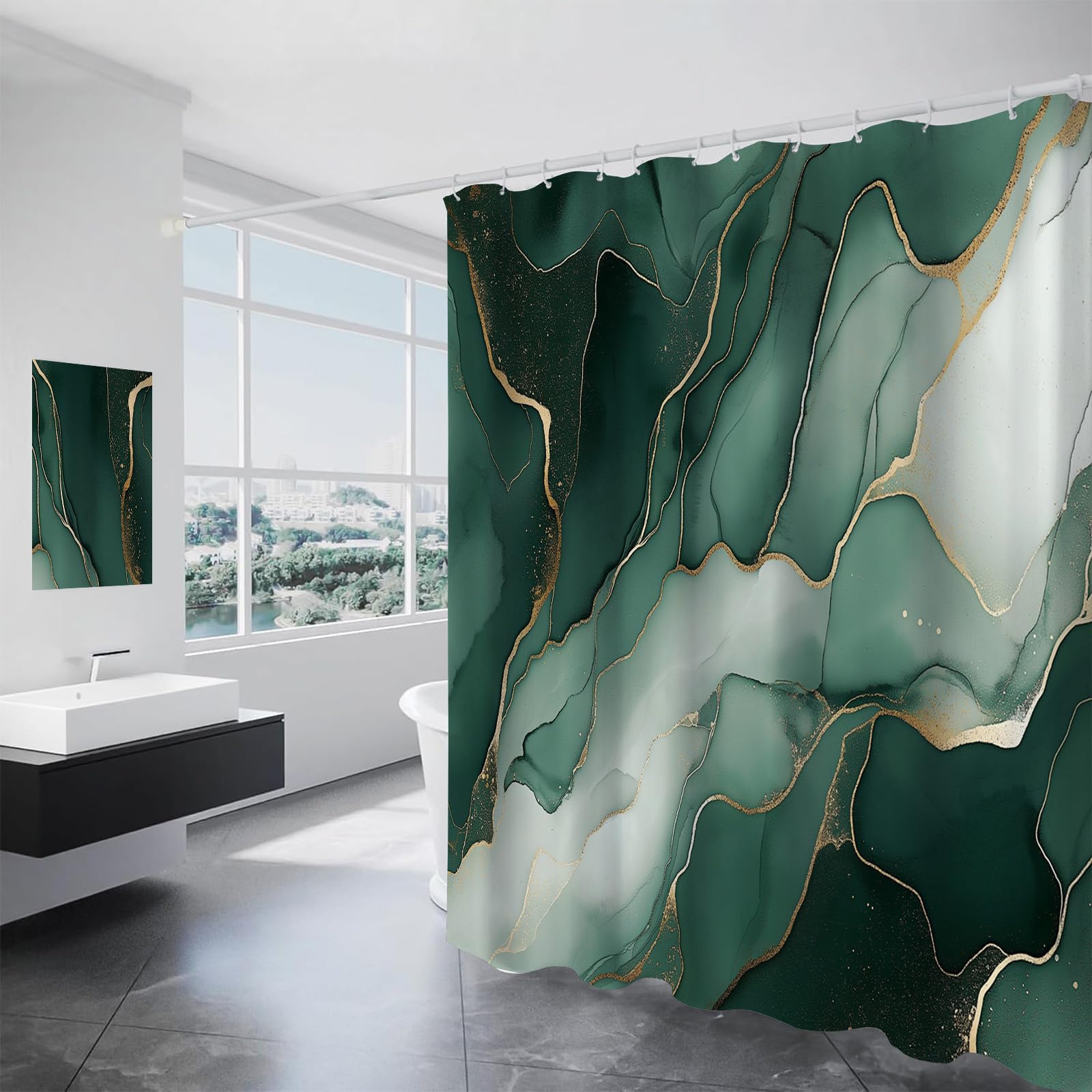 Rideau de douche chic style ligne dorée et marbre 3D, textile lavable de 180x180 cm