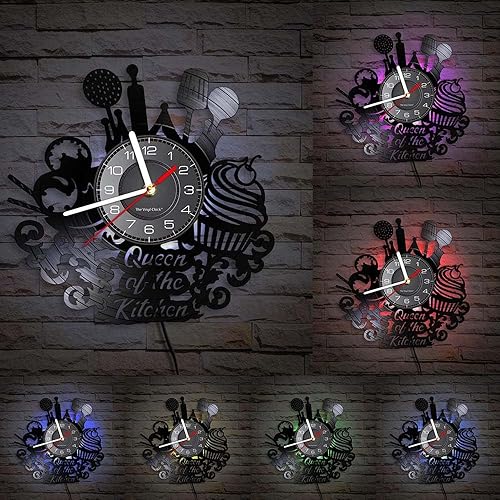 Miniatura 7 de Reloj de pared de disco de vinilo de cocina de 12 pulgadas con 7 modos luminosos, moderno, decorativo, silencioso, de cuarzo, sin tictac, negro,