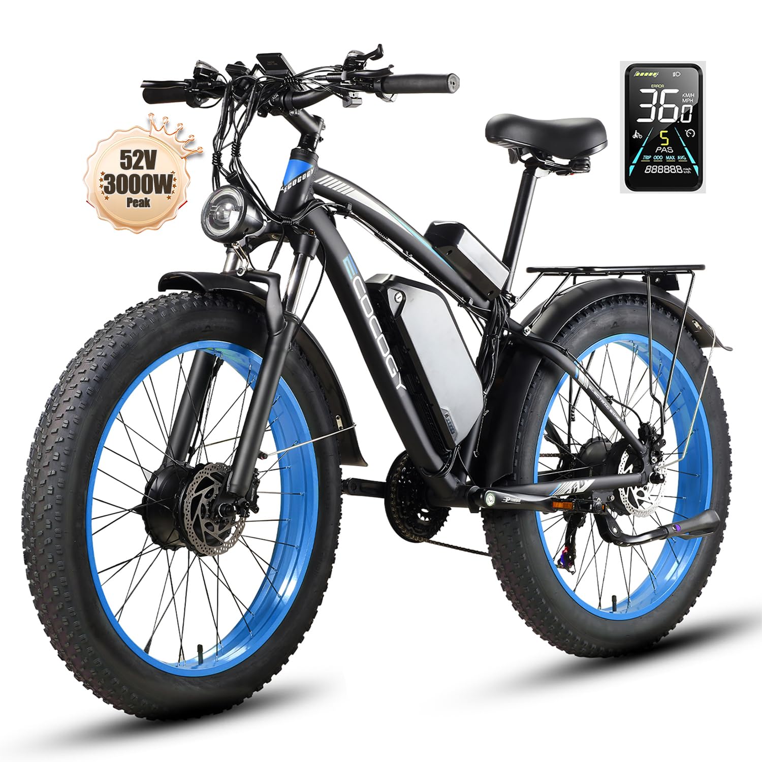 (26-G7 Blue) 52V 23Ah Dual Motors Electric Bike for Adults, Peak 3000W EBike, Up to 37MPH & 80Miles, Hydraulic Disc Brake, 21-Speed Off Road Snow Mountain Pedal Assist 26" Fat Tire Fast E-Bike