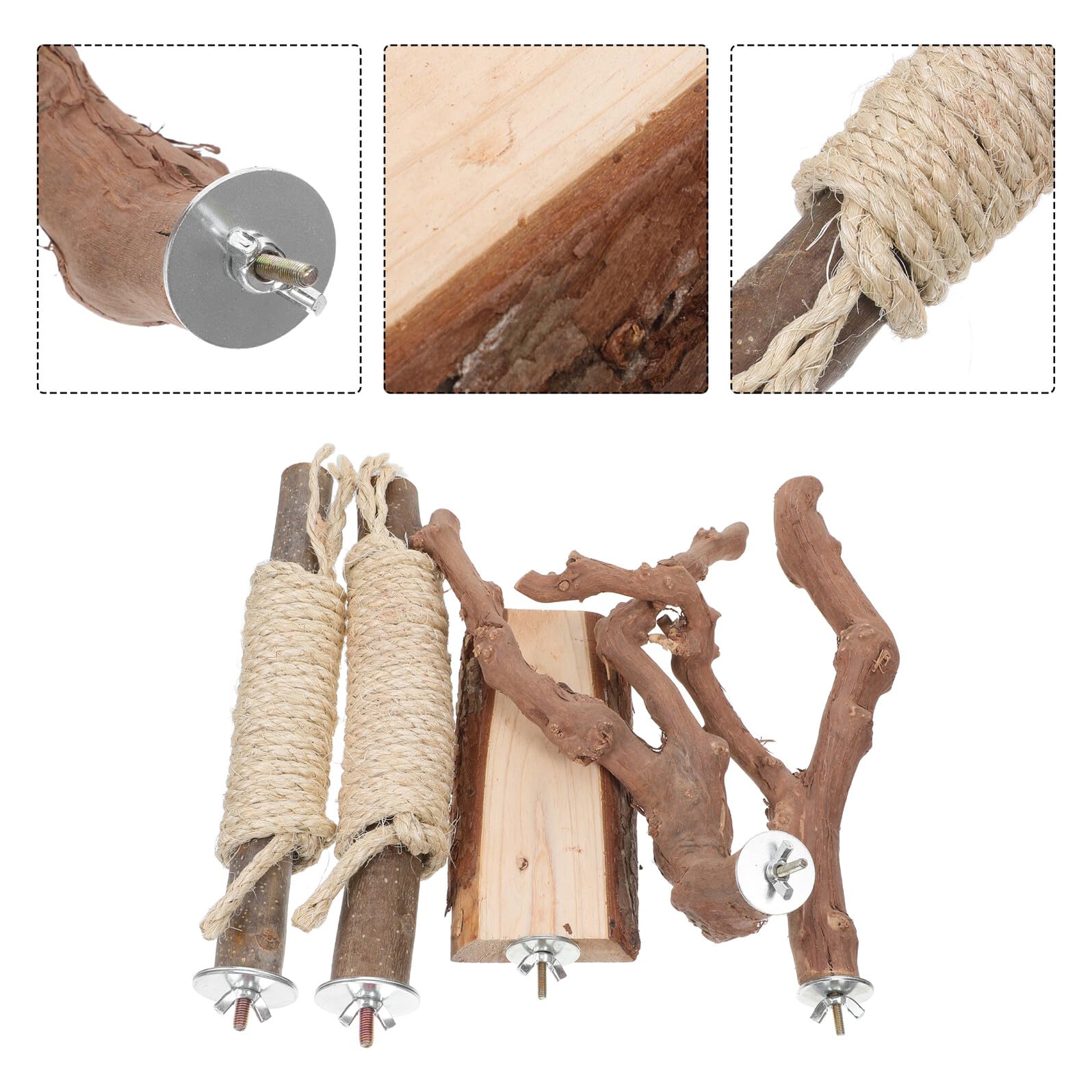 Hohopeti Set Trespoli in Legno per Pappagalli Grandi 5 Pezzi con Corde Naturali, Supporto per Gabbia Uccelli Esotici, Accessori per Voliere da Interno per Arrampicata e Gioco