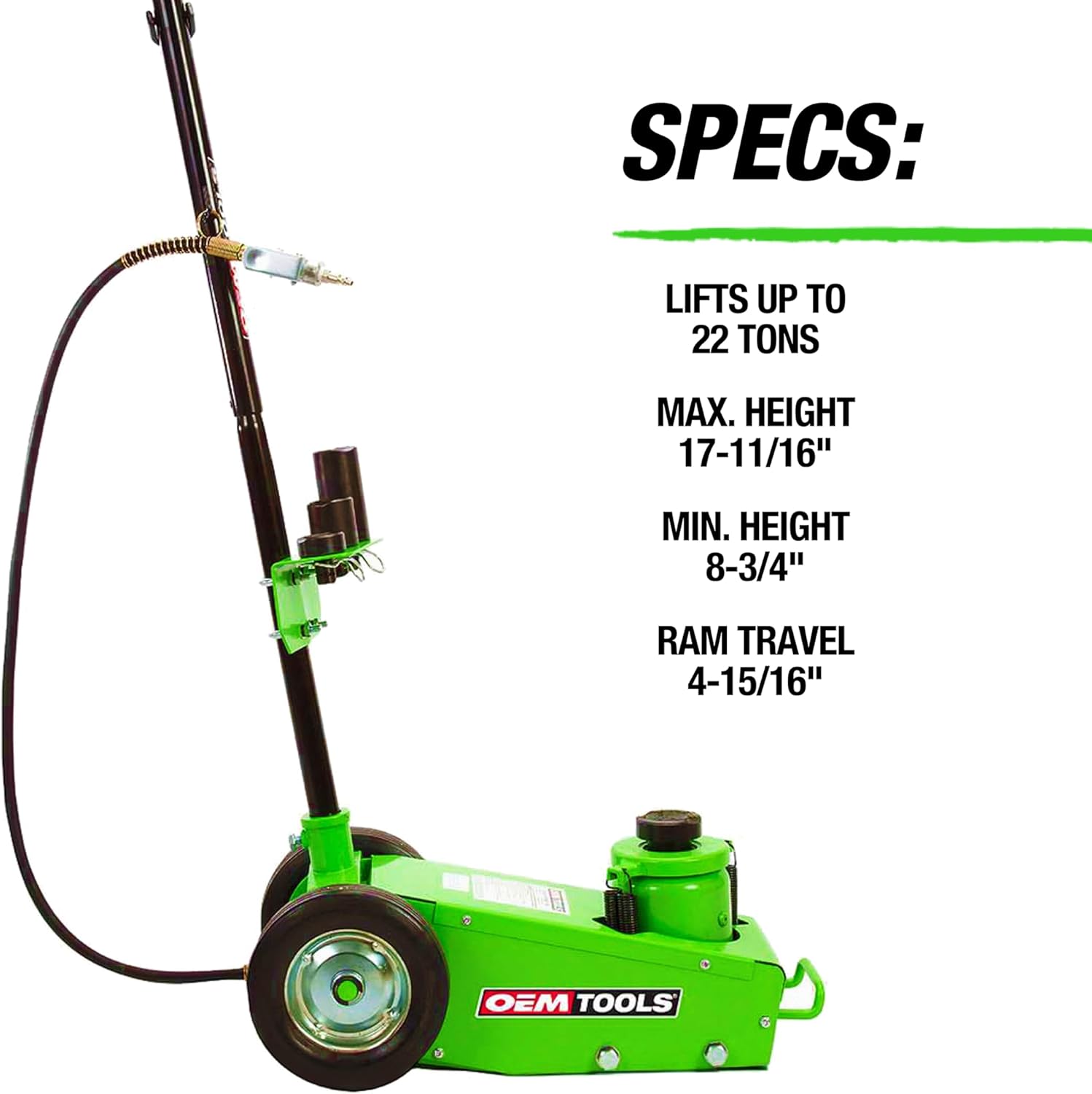 OEMTOOLS 24851 22-Ton Air/Hydraulic Jack, Heavy Duty Floor Jack, 8-3/4" to 17-11/16" Lift Range, Compact Low-Profile Design for Tandem Axle Vehicles