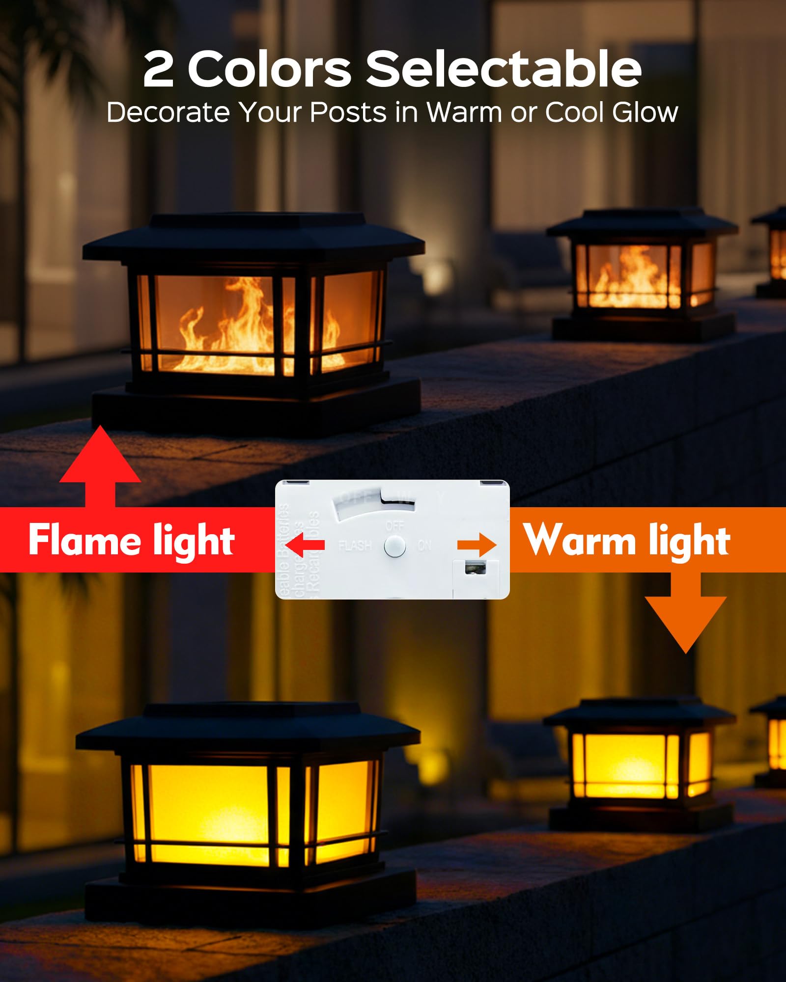 6 Pack Solar Flame Post Lights Outdoor, Solar Powered Fence Post Cap Lights, High Brightness Flickering Flame SMD LED Lighting Decor for Garden Deck Patio, 4x4, 5x5 or 6x6 Vinyl/Wooden Posts - 2