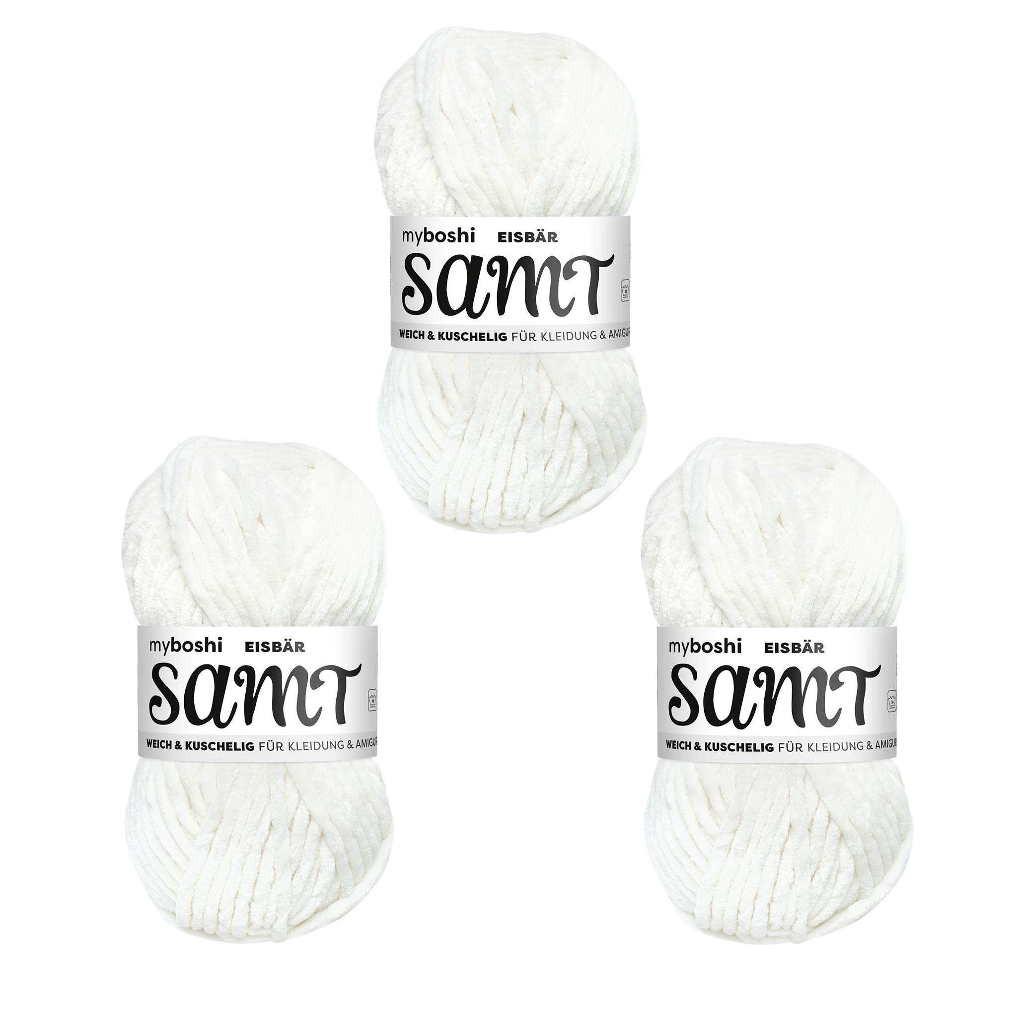 myboshi Samt Wolle zum Häkeln und Stricken, weiche Chenille Wolle im XXL-Knäuel, perfekt für Amigurumi und Kissen, 100% flauschige Polyester, 100g, Ll 100m Weiß (Eisbär), 3 Knäuel