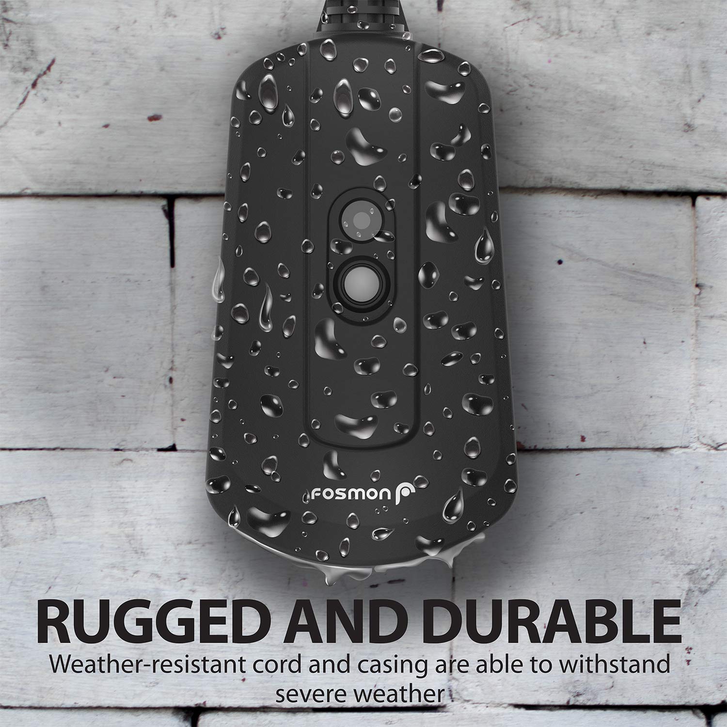 Fosmon outlet with water droplets on its surface, emphasizing its rugged and weatherproof design