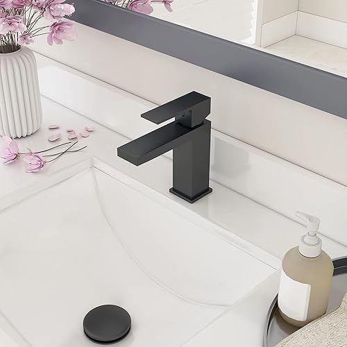 Miniatura 2 de Ayna Decors Grifo de lavabo de baño de latón negro, resistente a la corrosión, grifo de lavabo de baño de una sola manija con líneas de suministro