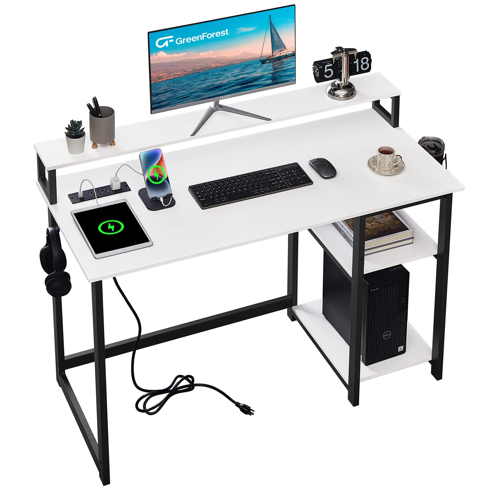 GreenForest Small Computer Desk with USB Charging Port and Power Outlet, Home Office Desk with Monitor Stand and Reversible Storage Shelves, 40 inch Work Desk with Cup Holder and Hook, White