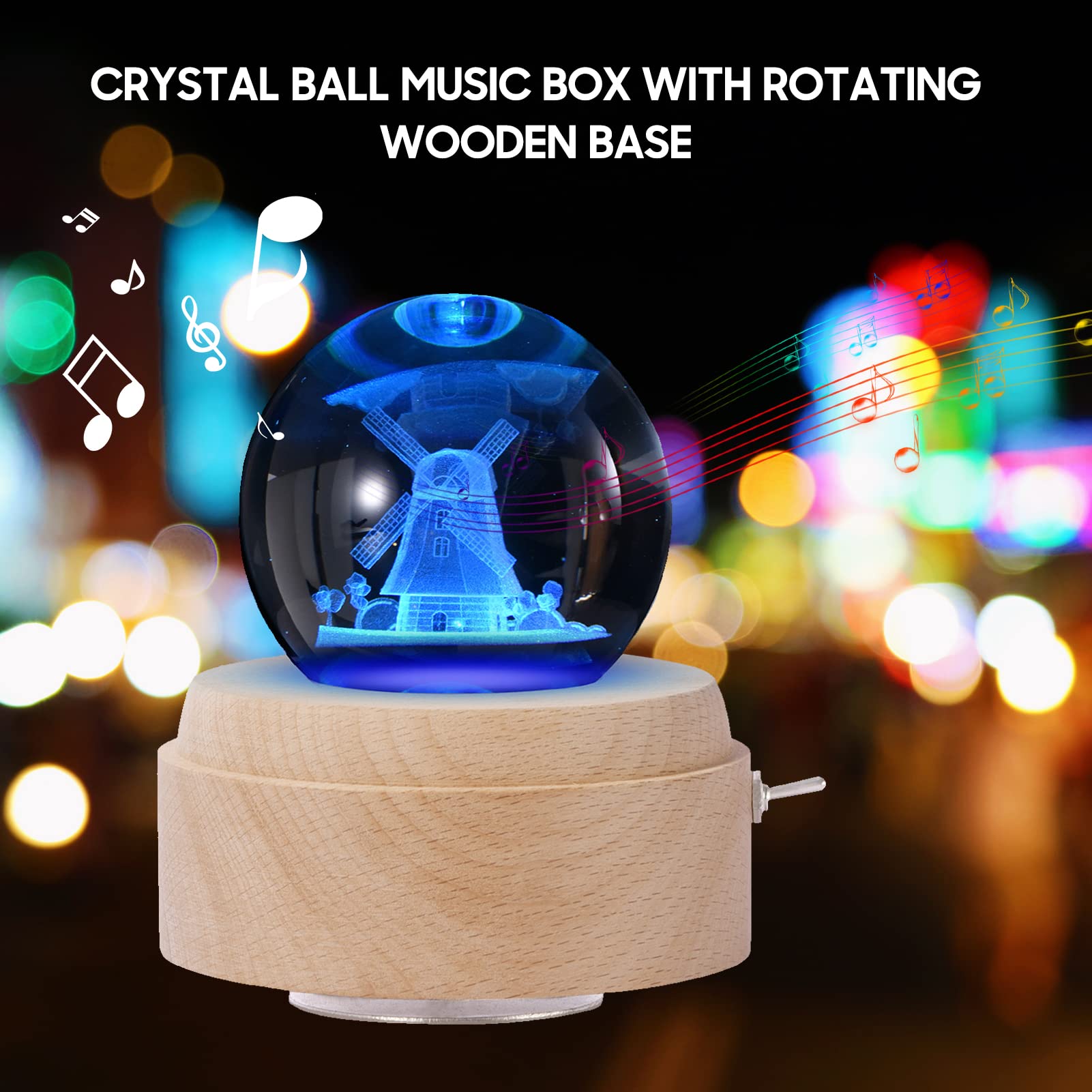 Carillon musicale in cristallo rotante con luce LED luminosa base in legno Windup musicale notte decorazione regalo per compleanno, San Valentino, Capodanno