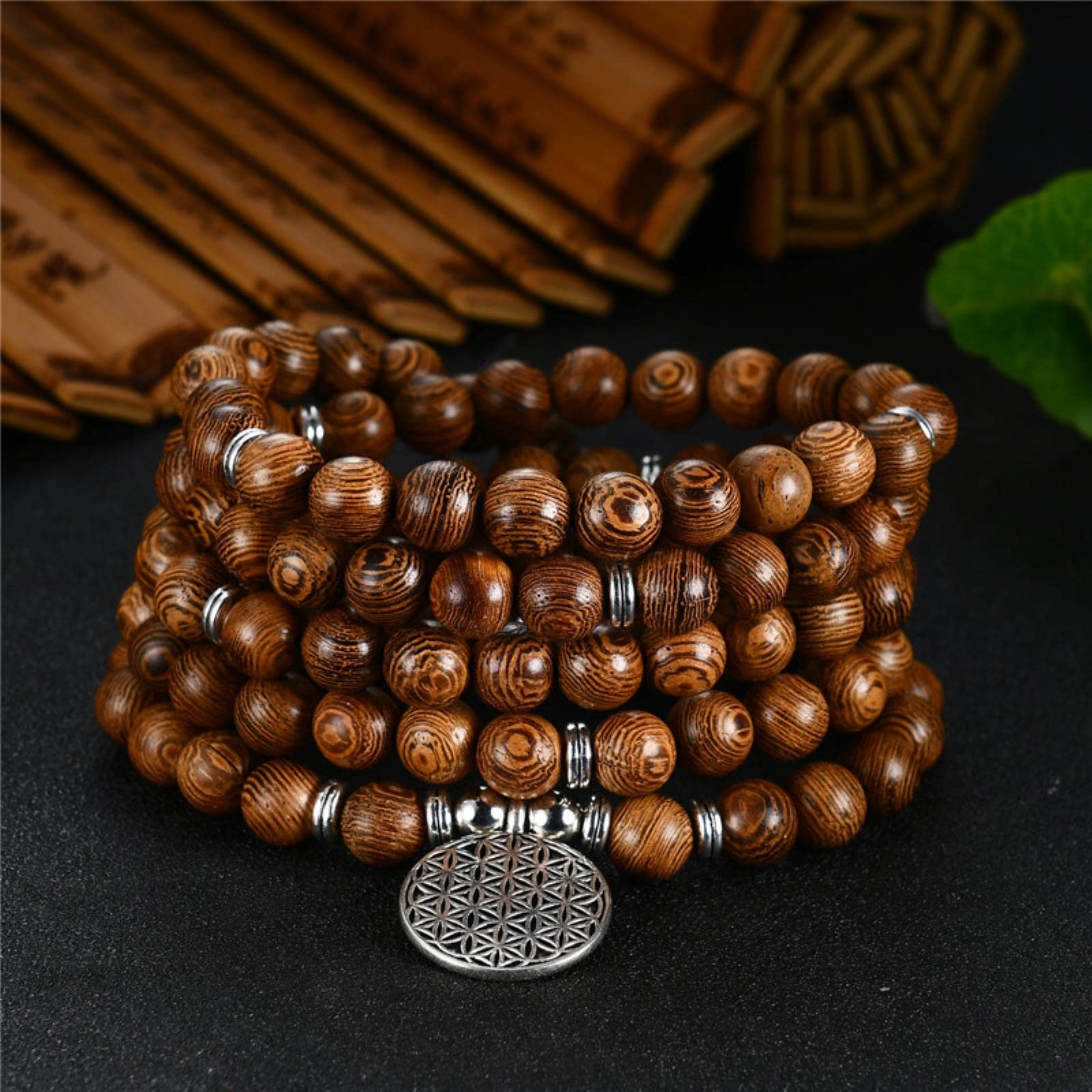 Pulseras, cuentas de oración, 1 pulsera de cabeza de leopardo de sándalo, budismo tibetano, cuentas de madera de Buda, pulsera de yoga chakra for joyería-OM (color: Om) (color: Bruin)