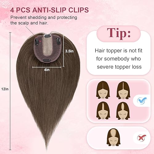 Miniatura 5 de Toppers de cabello humano para mujeres con cabello delgado, densidad del 120 %, base de seda grande con clip, piezas de pelo corto sin explosión,