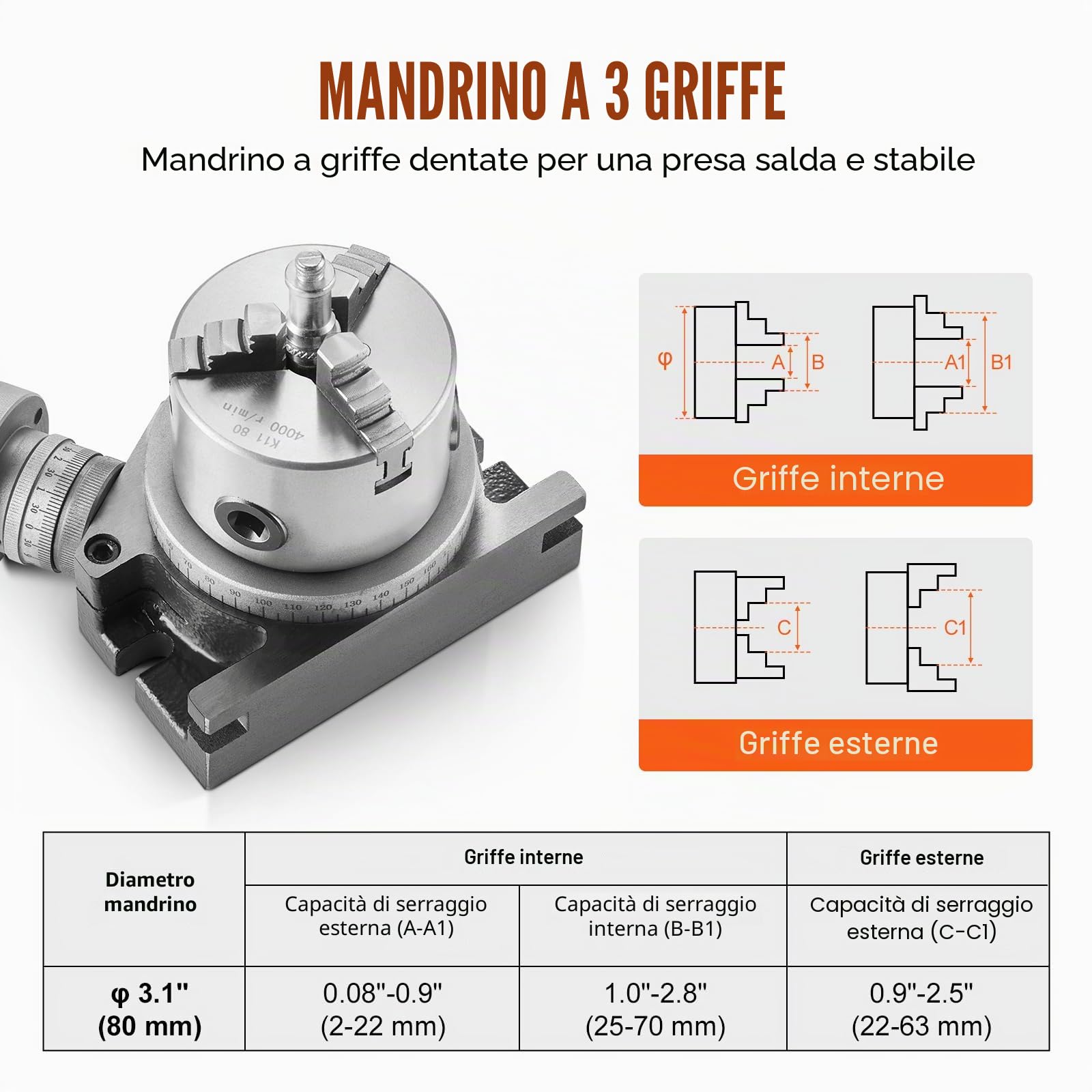 VEVOR Mandrino Girevole per Fresatrici Diametro 100 mm, Modello Orizzontale Verticale Tavola Girevole per Fresatura di Precisione, Mandrino a 3 Griffe da 80 mm Bulloni M10 Indicizzazione di Fresatura
