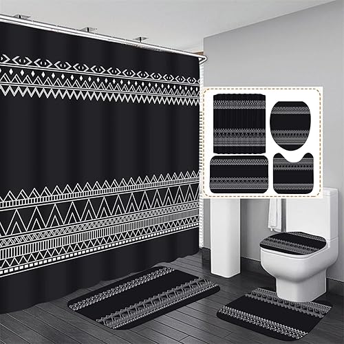 DDQQ Juego de 4 cortinas de ducha bohemias negras con alfombras, juego de decoración de baño geométrica abstracta moderna con accesorios, rayas