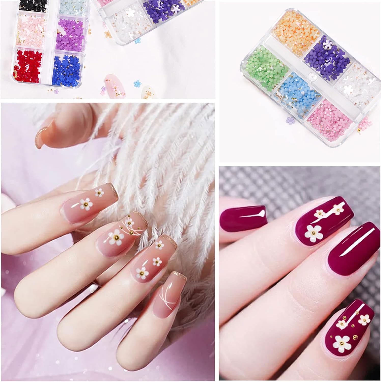 2Boxes 6 Grids 3D Colorful Flower Nail Charms- 3D Nail Flowers Rhinestone with Gold Caviar Beads Mixed DIY Nail Decorations for Acrylic Cherry Blossom Nail Art Design (Colorful B) - Image 4