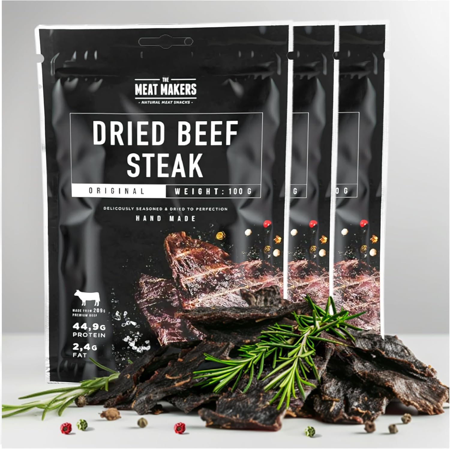 The Meat Makers Original Dried Beef Jerky Steak (300 g) – Carne Secca di Manzo, Carne Essiccata per Umani. Snack di carne secca ad alto contenuto proteico.