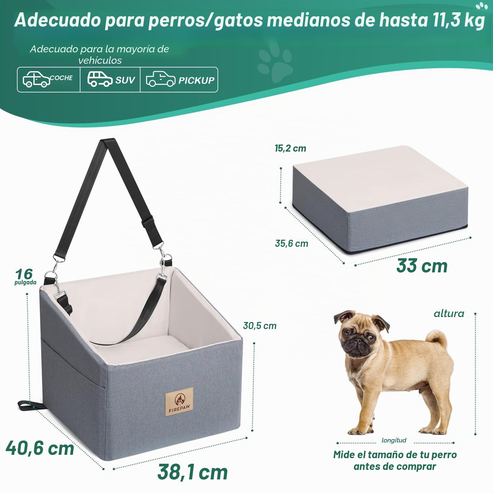 Asiento de Coche para Perros, Asientos elevadores para Perros pequeños 11 kg, Funda Lavable extraíble, Gris Elevado para Mascotas