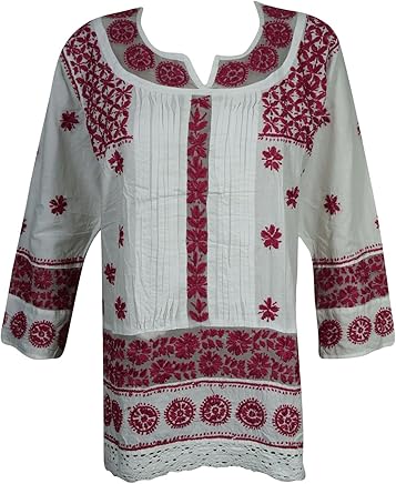 Mogul Womens Indian Tunic Dress Cotton White Red Chikankari Embroidered Top Blouse Shirt