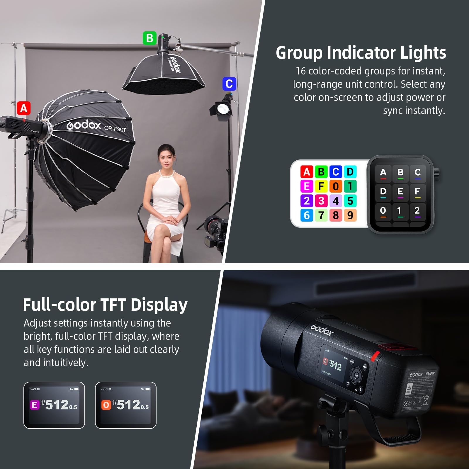 Godox AD400Pro II AD400ProII Blitzgerät, GN72 400 Ws 2,4 G TTL 1/8000s HSS, One-Tap Synchronisation mit X3 Auslöser, 16 Farbgruppenanzeige, Bi-Color Modellierlampe