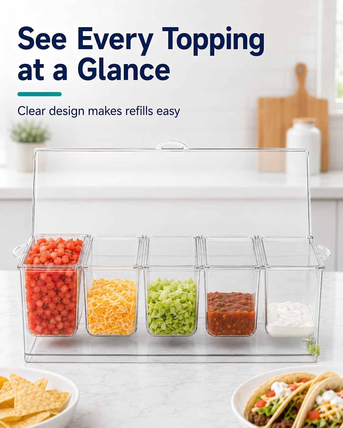 Mikikit Chilled Condiment Server with Lid, 5 Compartment Serving Tray