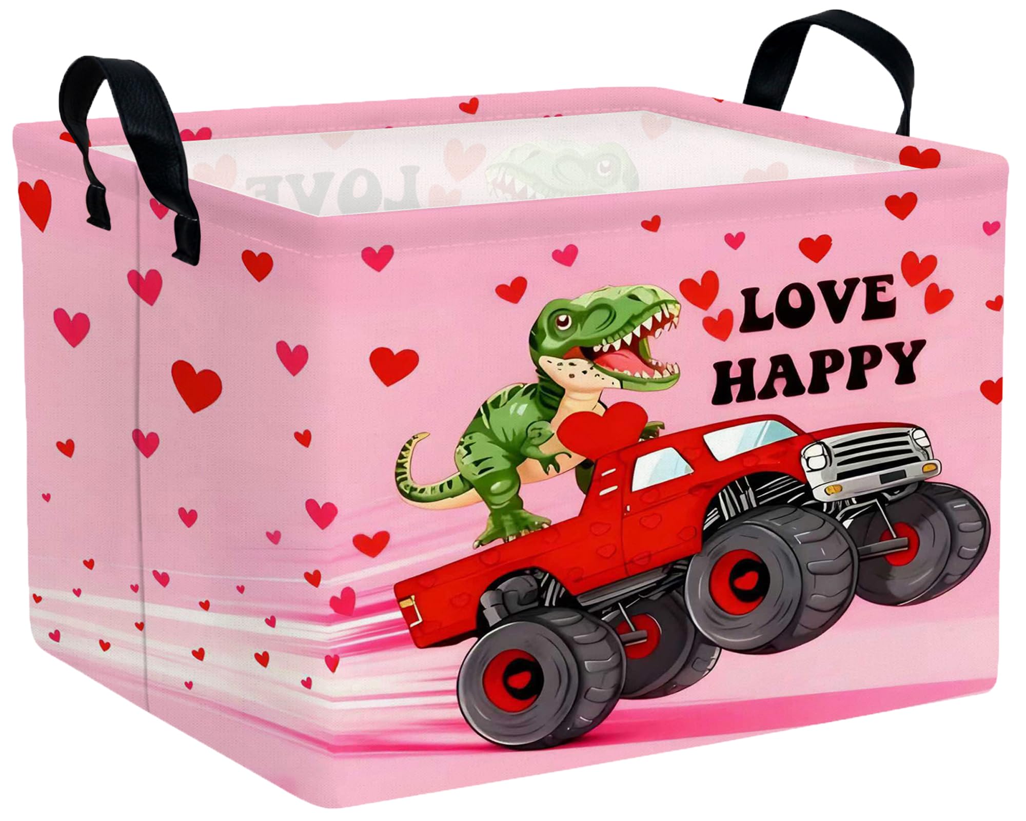 Large Valentine's Day Basket Heart Shaped Storage Bin for Gifts Collapsible Organizer Room Decor (Pink Monster Truck Dinosaur)