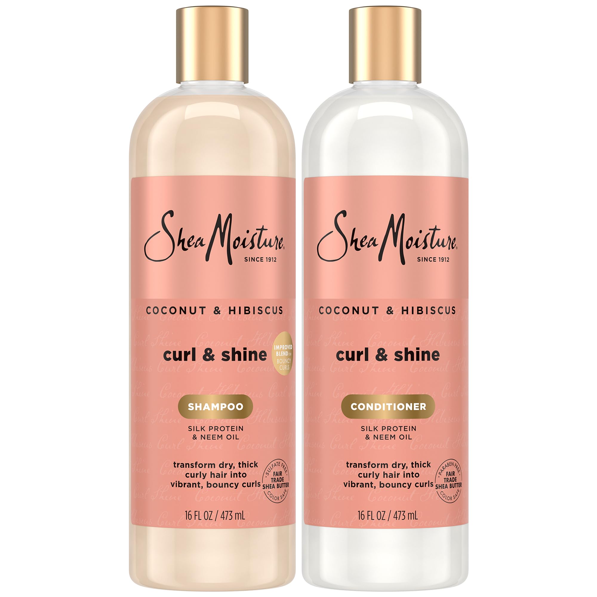 Coconut & Hibiscus Curl & Shine Shampoo & Conditioner for Bouncy Curls, Frizz Control, 16 Oz Ea