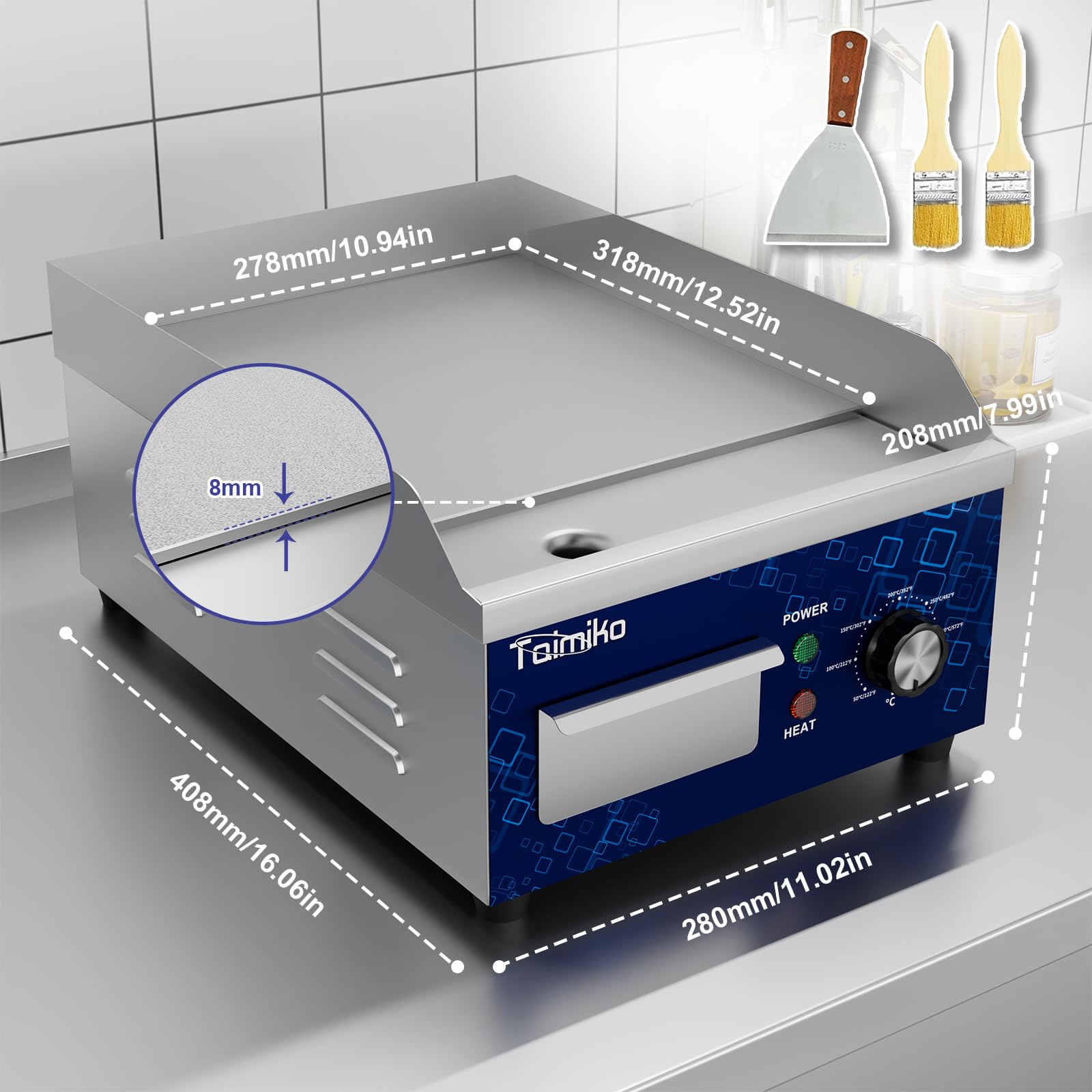 TAIMIKO Griglia elettrica liscia 1700 W Griglia elettrica in acciaio inox in ghisa Gastro Griddle Controllo preciso della temperatura