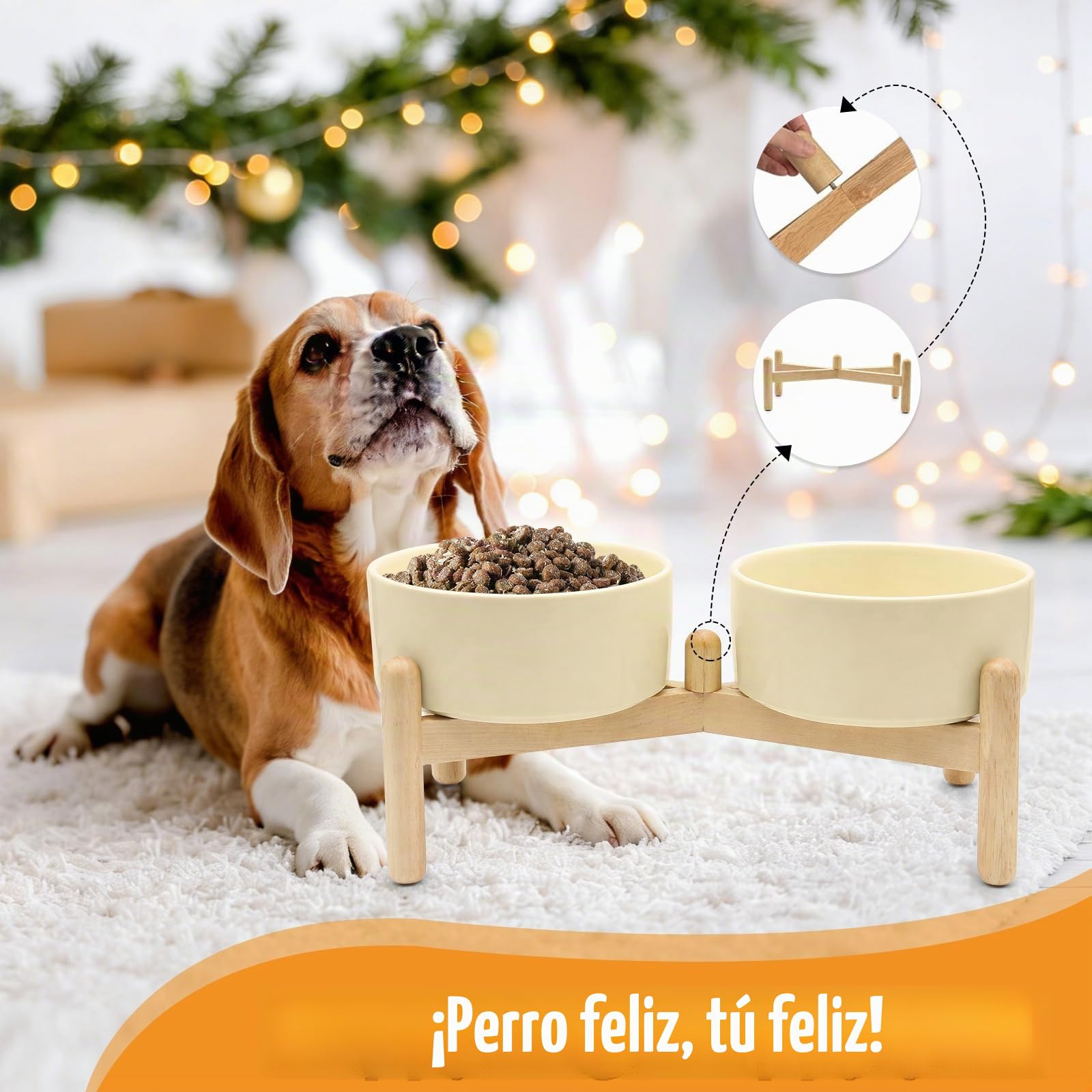 Comedero Perro Elevado de Cerámica 850 ml – Cuenco Doble con Soporte de Madera Antideslizante – para Comida y Agua – Ideal para Perros Pequeños y Medianos – Fácil de Limpiar