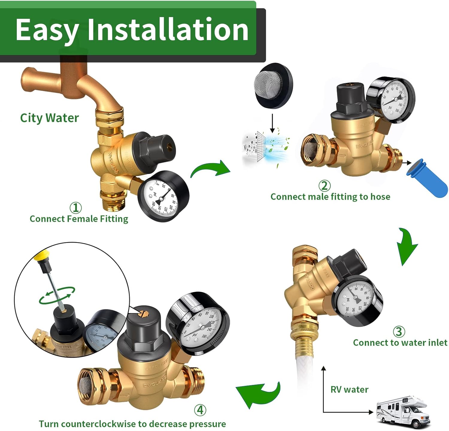 Buy RVGUARD RV Water Pressure Regulator Valve, Brass LeadFree Adjustable Water Pressure Reducer