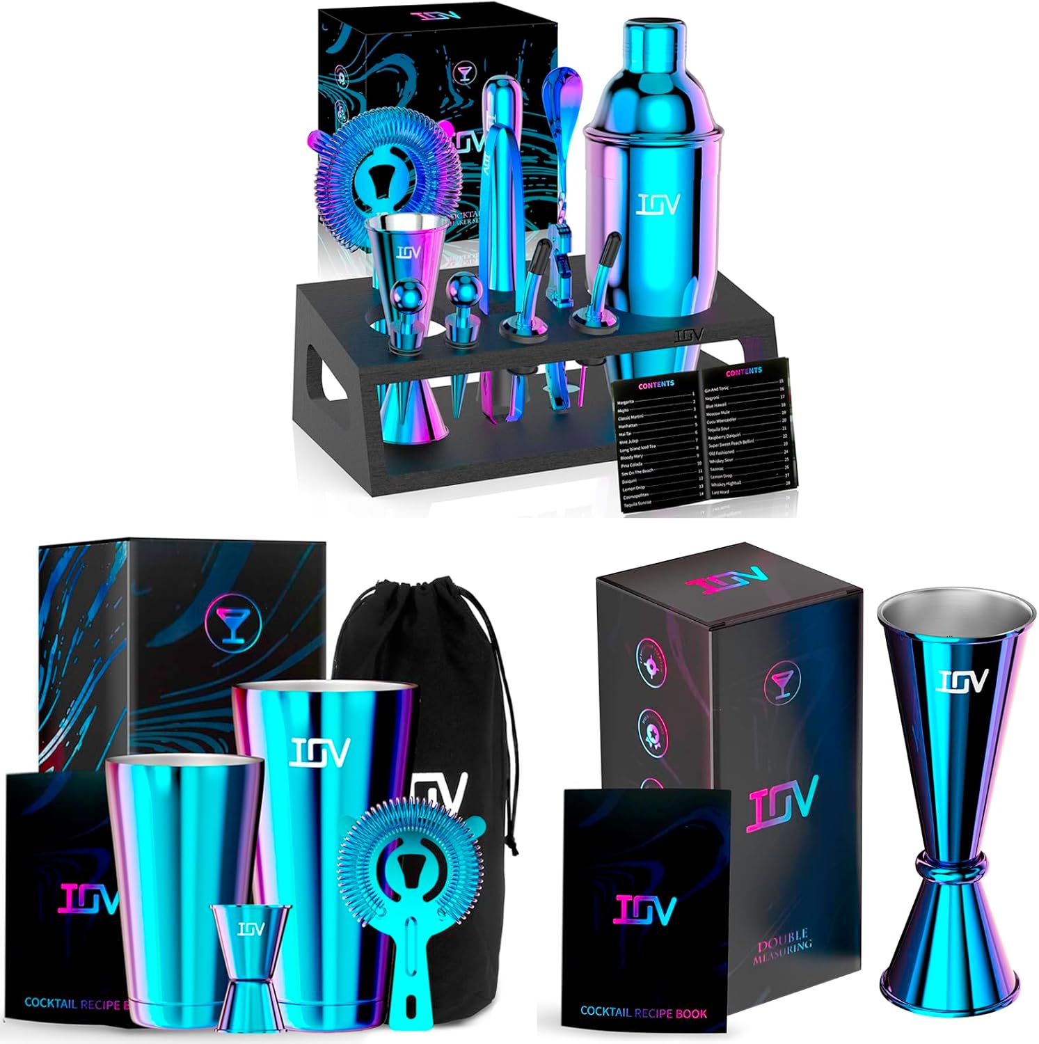 IOV Mixology Bartender Kit with Stand | 12-Piece Cocktail Shaker Set and Boston Cocktail Shaker Bar Set, Bartender Kit Drink Mixer Set and Jigger for Bartending.