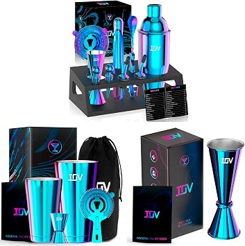 IOV Mixology Bartender Kit with Stand | 12-Piece Cocktail Shaker Set and Boston Cocktail Shaker Bar Set, Bartender Kit Drink Mixer Set and Jigger for Bartending.