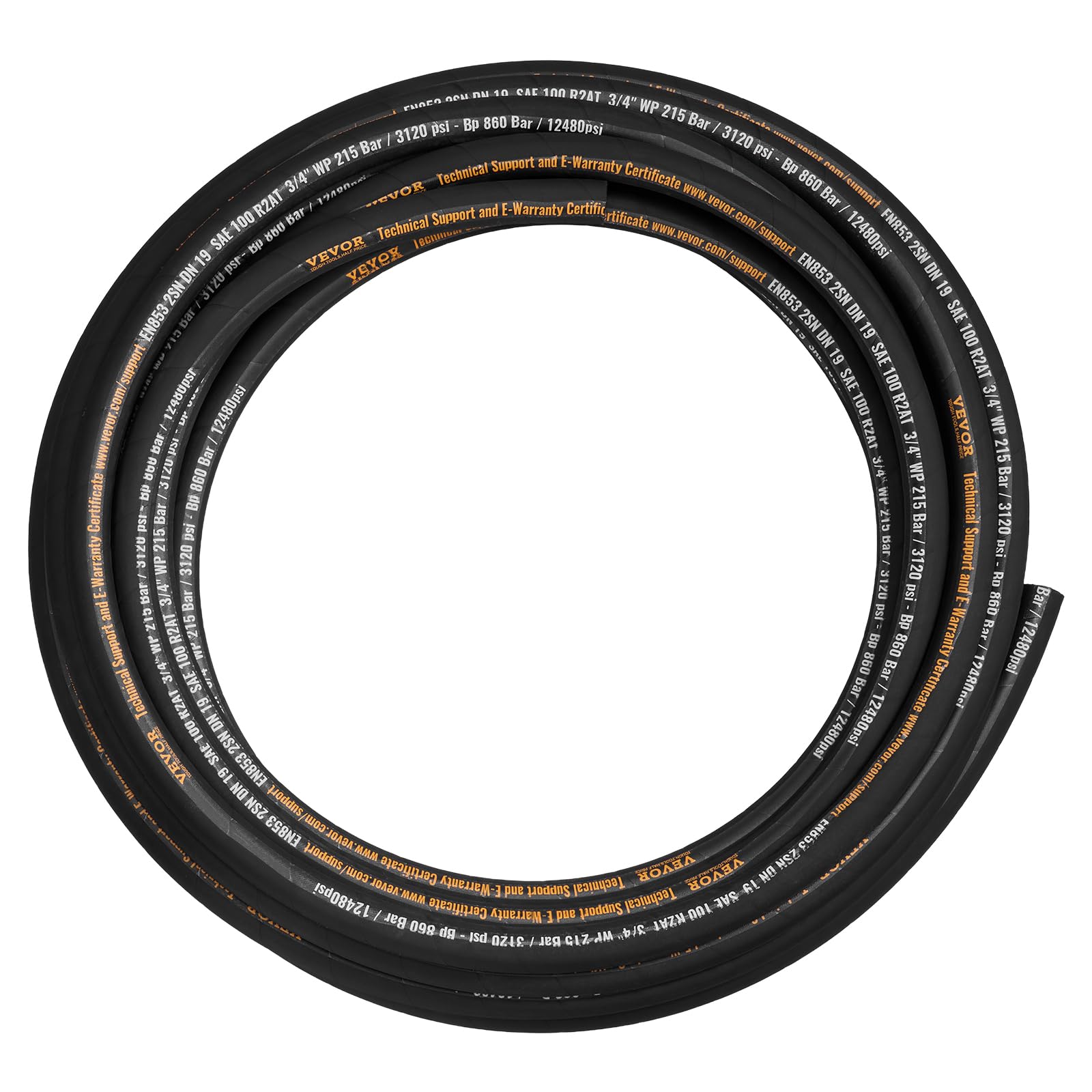 VEVOR Hydraulikschlauch 1,9 cm x 15,2 m, gewickelter Gummi-Hydraulikschlauch 3120 PSI mit 2 hochfesten Stahldrahtgeflechten, -20 ℃ bis 140 ℃