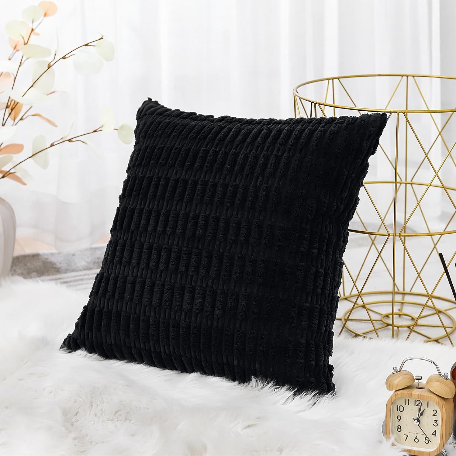 OTOSTAR Corduroy Decorative Throw Pillow Covers 24x24 Inch Super Soft Boho Striped Square Pillow Covers Case Modern Cushion Covers for Sofa Couch Bedroom Car Decor Black image 2