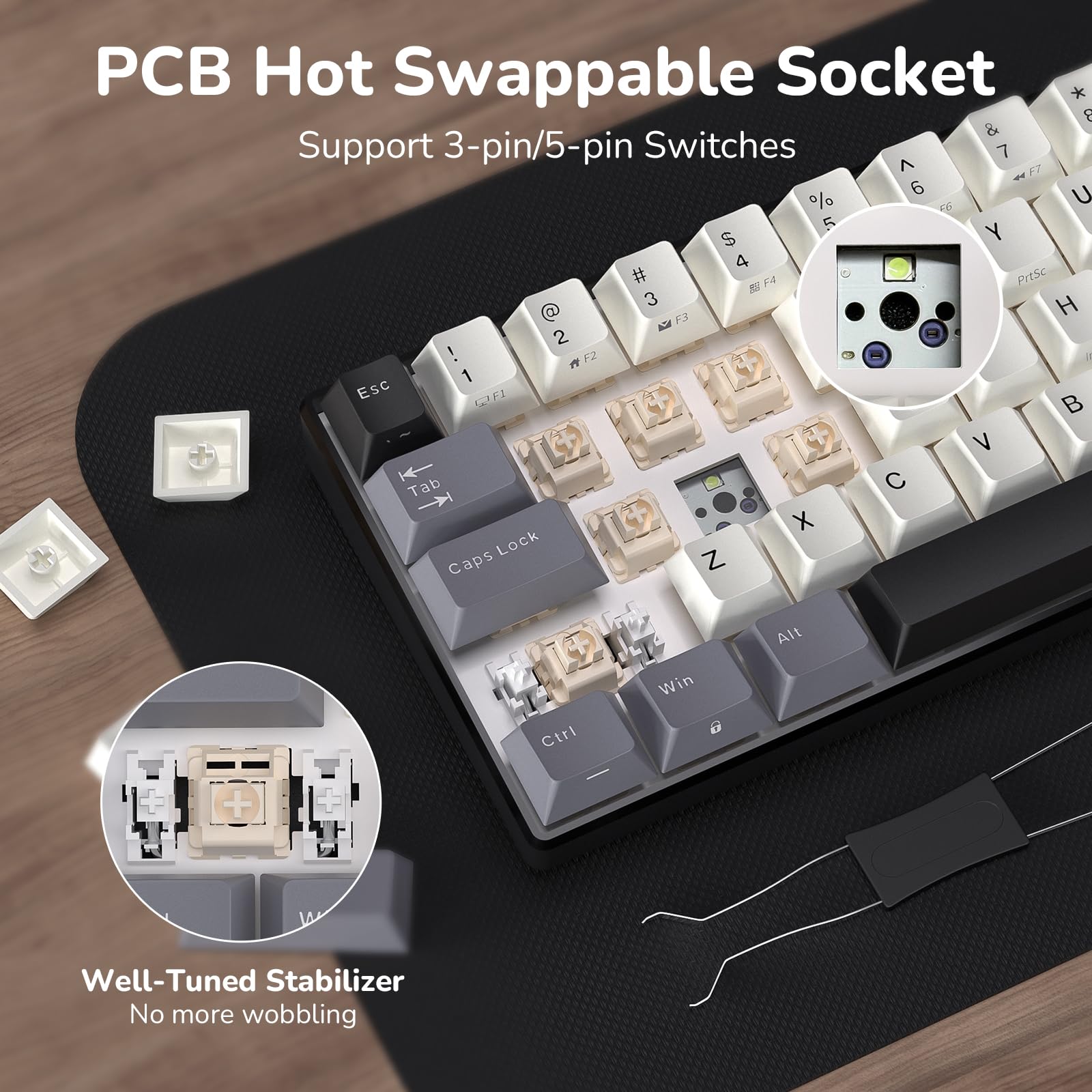 RK ROYAL KLUDGE RK61 bezprzewodowa klawiatura mechaniczna, klawiatura gamingowa 60% trzema trybami pracy, BT5.0/2,4GHz/USB-C, klawisze tworzywa PBT, oprogramowanie Pro, wymiana na gorąco, US QWERTY