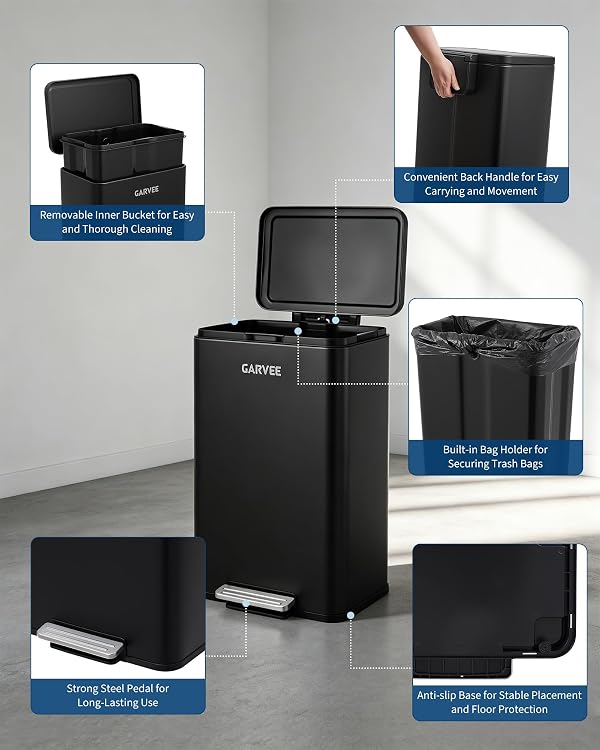 Garvee Kitchen Trash Can, 13 Gallon/50L Stainless Steel Garbage Can with Quiet Soft-Close Lid, Foot Pedal & Removable Inner Bucket, Rectangular Step Waste Bin for Living Room Office Bedroom, Black by Garvee - Used condition - Image 3