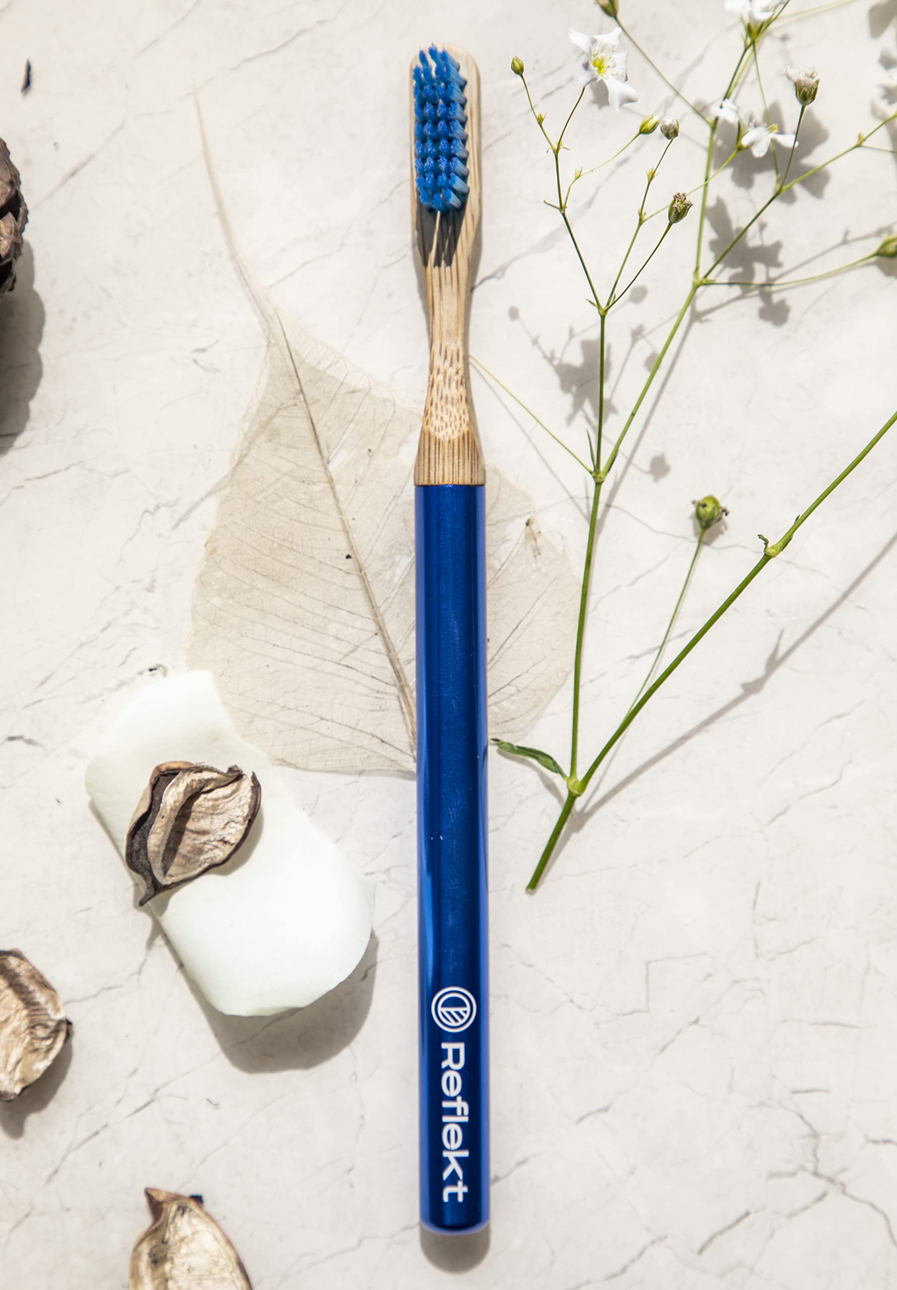 REFLEKT Foreverhandle Bamboo Wooden Toothbrush With Aluminium Handle & Replaceable Heads Soft Bristles Anti Bacterial, No Plastic Brush Suitable For Adults & Kids Teeth (Royal Blue) - Manual