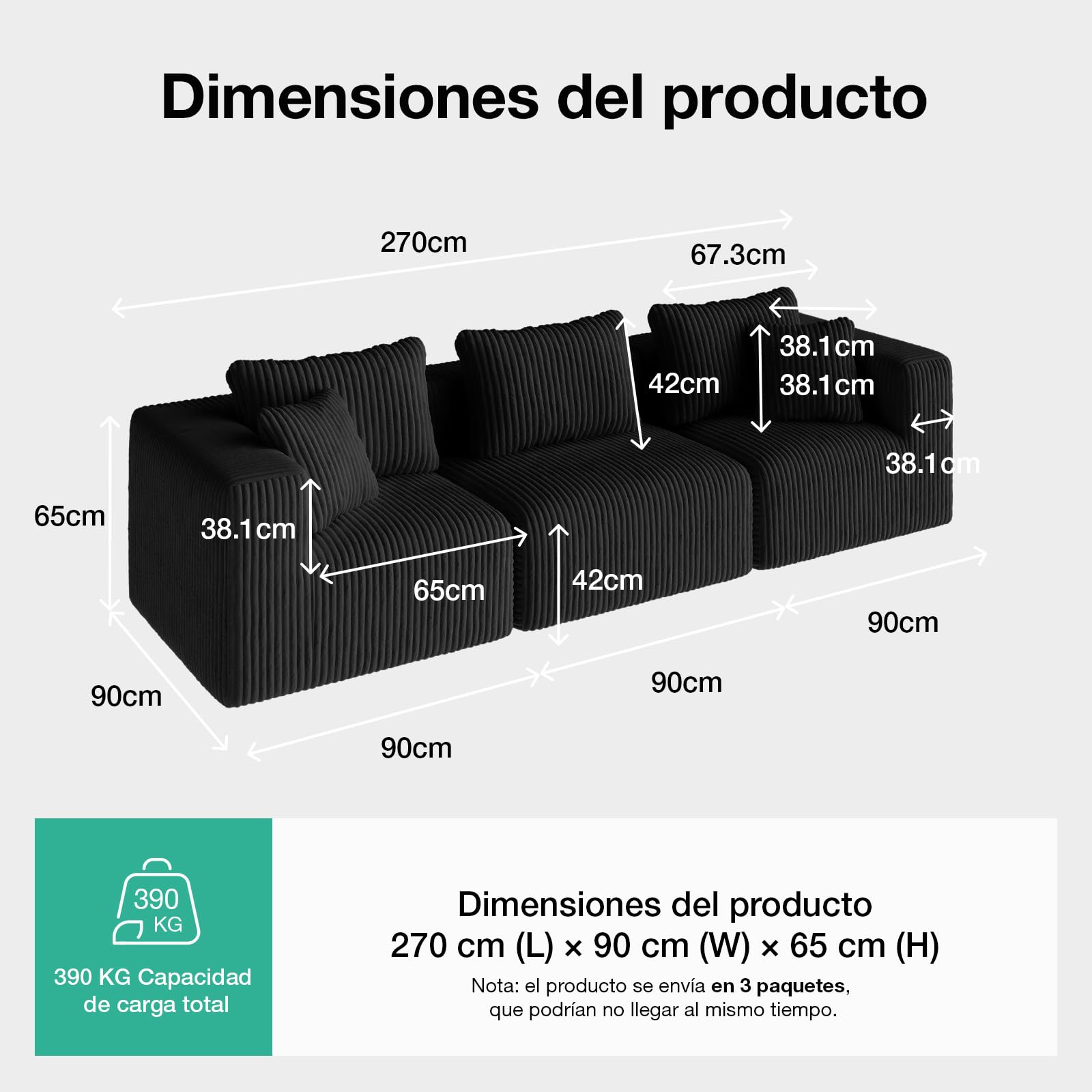 Novilla 270 cm Sofá Esquinero Modular Componible 3 Plazas en Terciopelo | Muelles Ensacados Smarts Coil®, Sin Montaje, Terciopelo Acanalado, 5 Cojines Incluidos