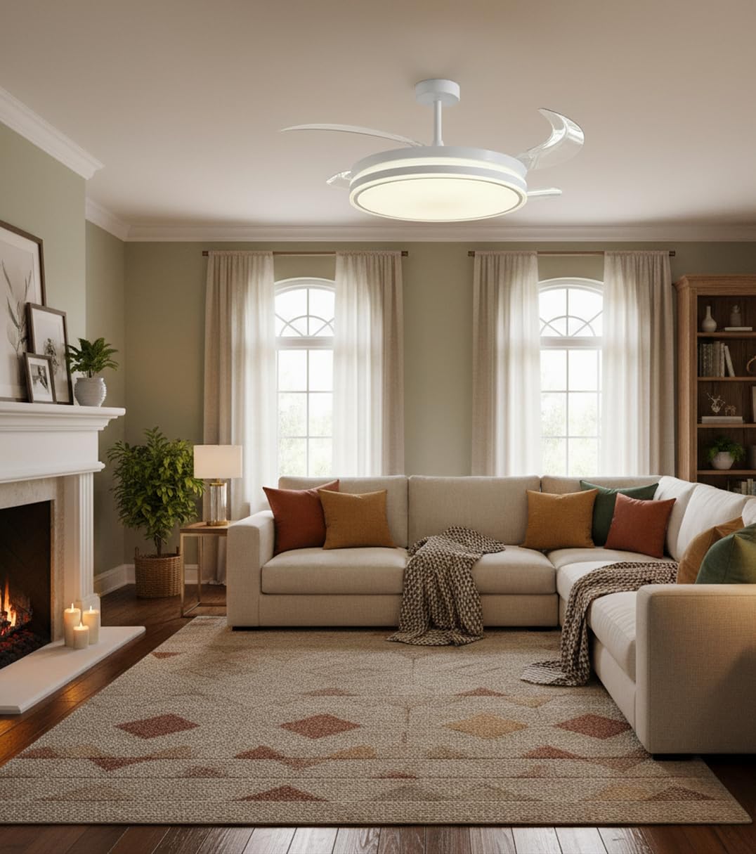 BEL AIR HOME - Ventilador de Techo con Aspas Retráctiles, Motor DC Silencioso, Luz LED 36W 3 Temperaturas de Color, Mando a Distancia, Modo Invierno, Diseño Moderno (BLANCO)
